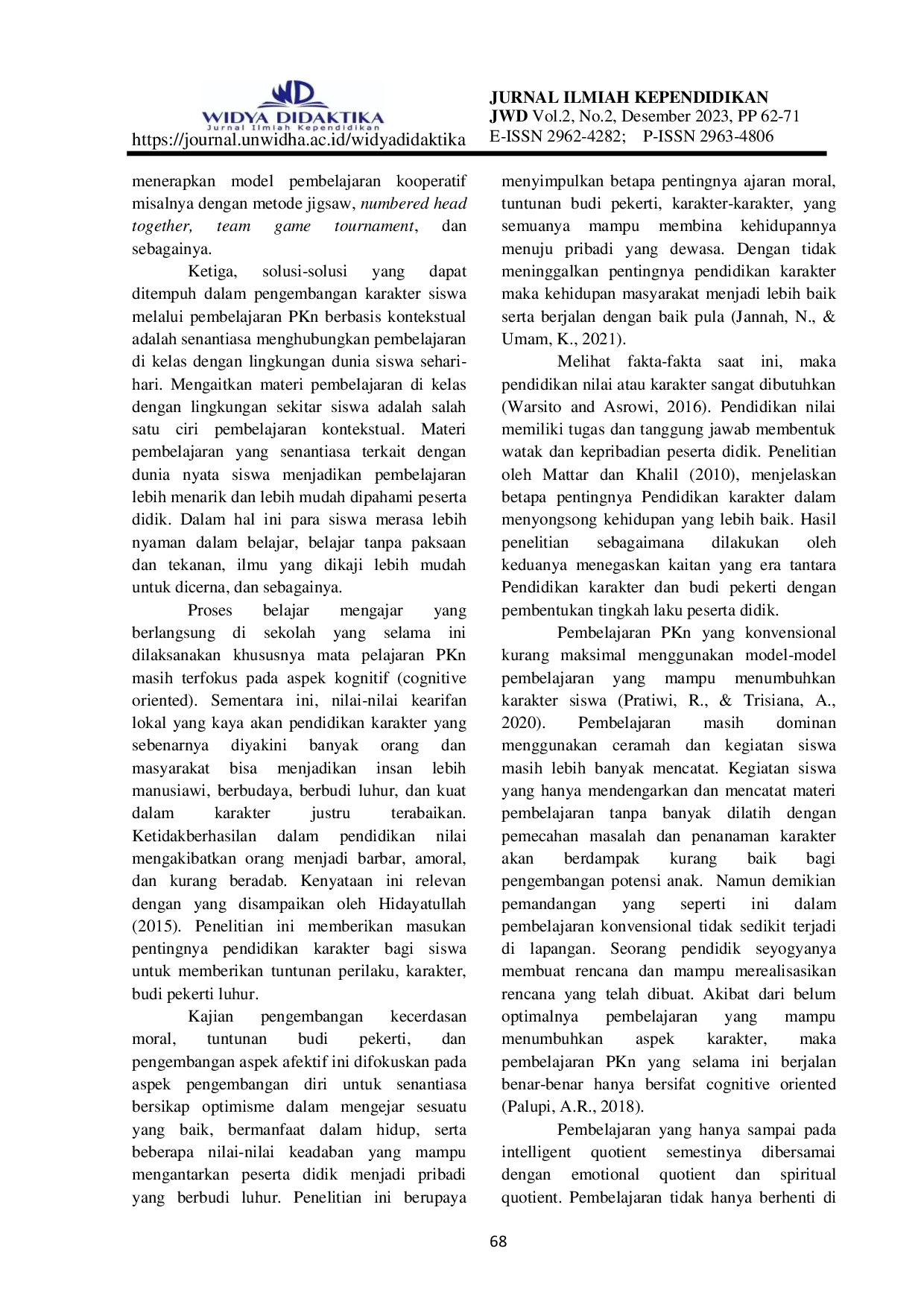 JURIS Pengembangan Karakter Siswa Melalui Pembelajaran Pkn Berbasis Kontekstual