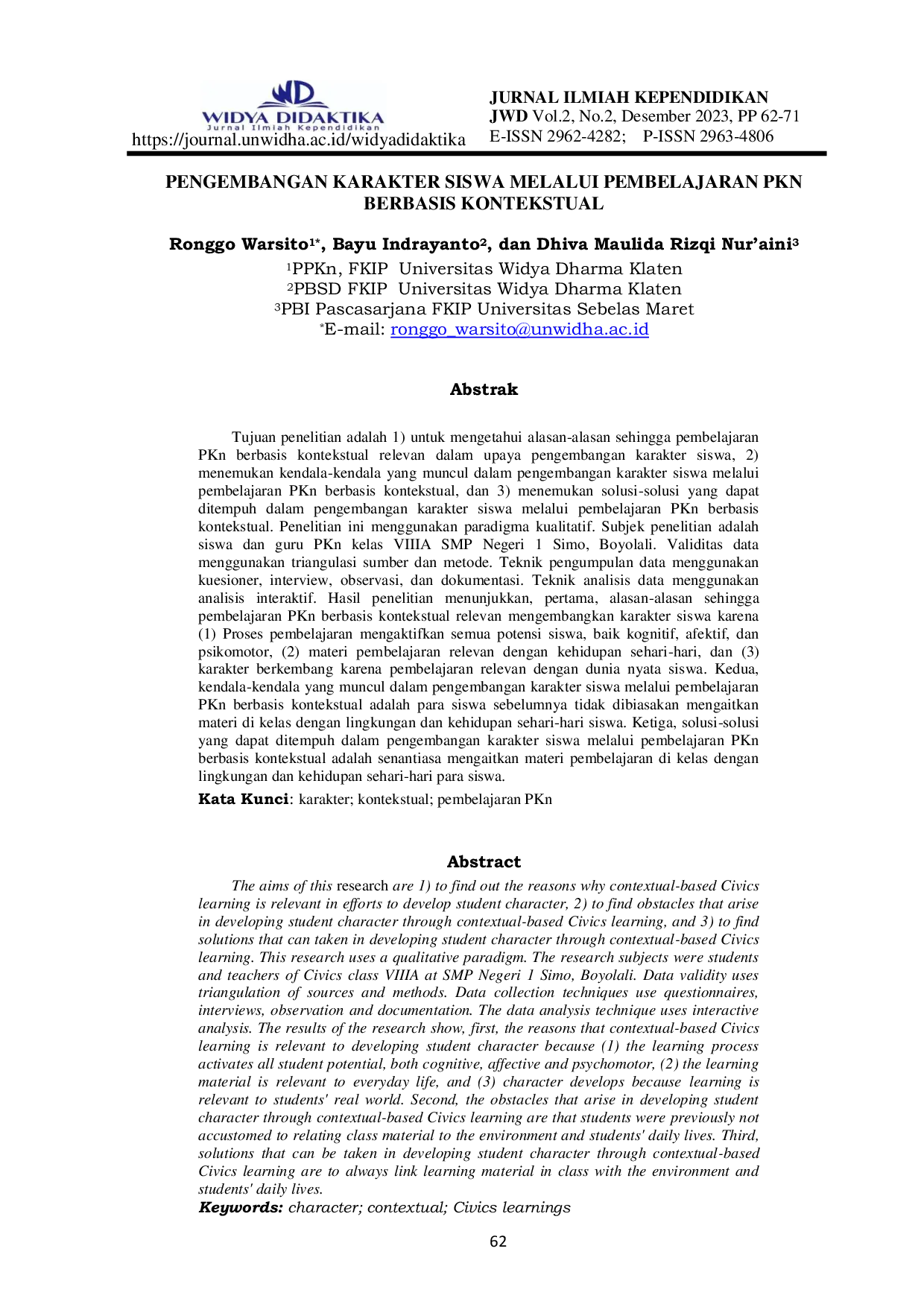 JURIS Pengembangan Karakter Siswa Melalui Pembelajaran Pkn Berbasis Kontekstual