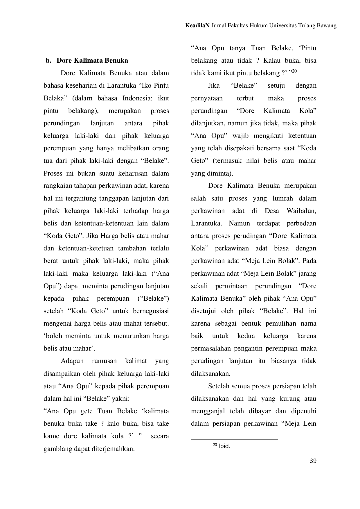 JURIS Perkawinan Meja Lein Bolak Sebagai Metode Penyelesaian Perselisihan Perkawinan Adat Di Desa Waibalun Larantuka