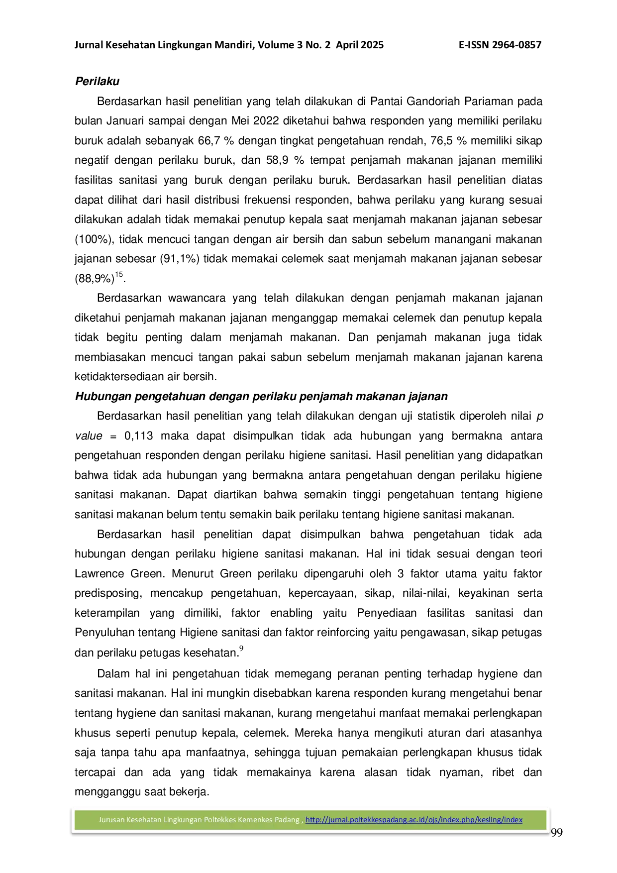 JURIS Faktor Faktor Yang Berhubungan Dengan Perilaku Penjamah Makanan Jajanan Di Pantai Gandoriah Pariaman