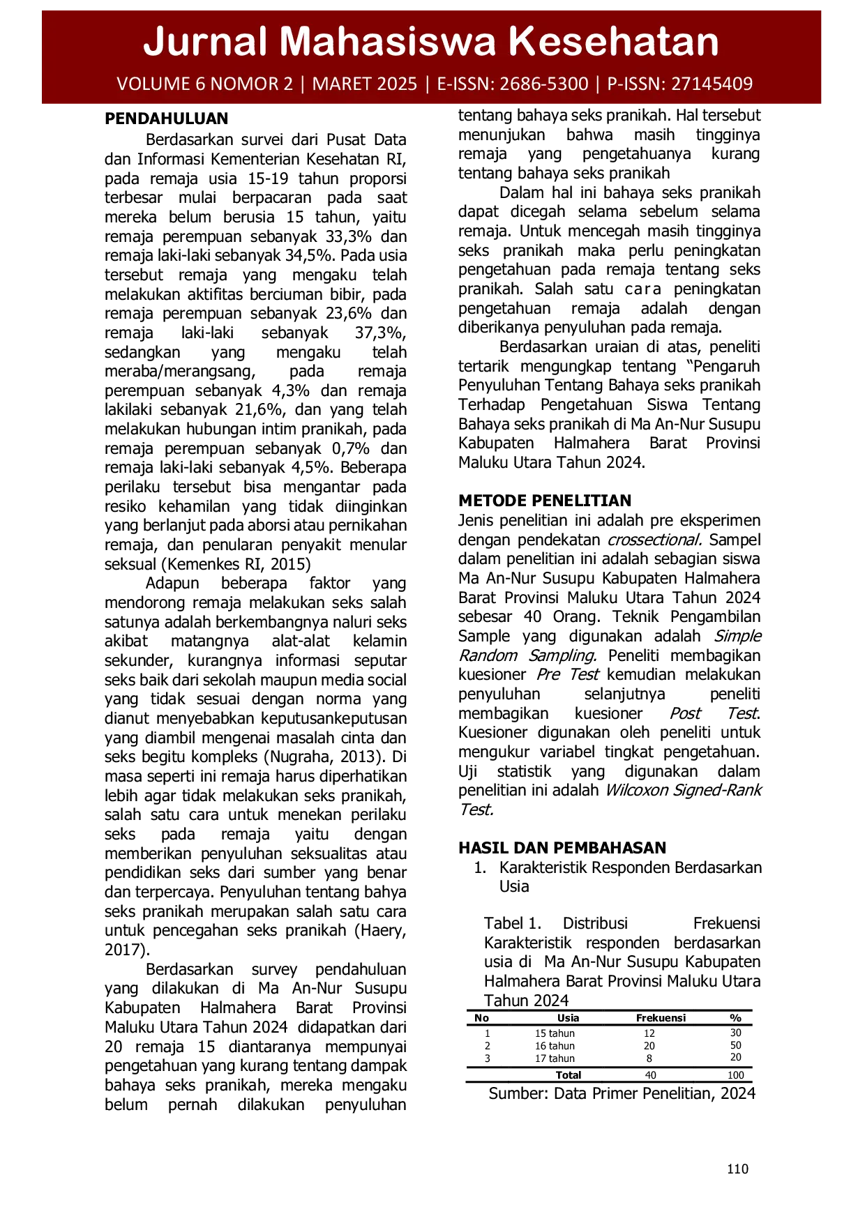 JURIS Penyuluhan Tentang Bahaya Seks Pranikah Terhadap Pengetahuan Remaja tentang Bahaya Seks Pranikah di Ma An Nur Susupu Kabupaten Halmahera Barat Provinsi Maluku Utara Tahun 2024