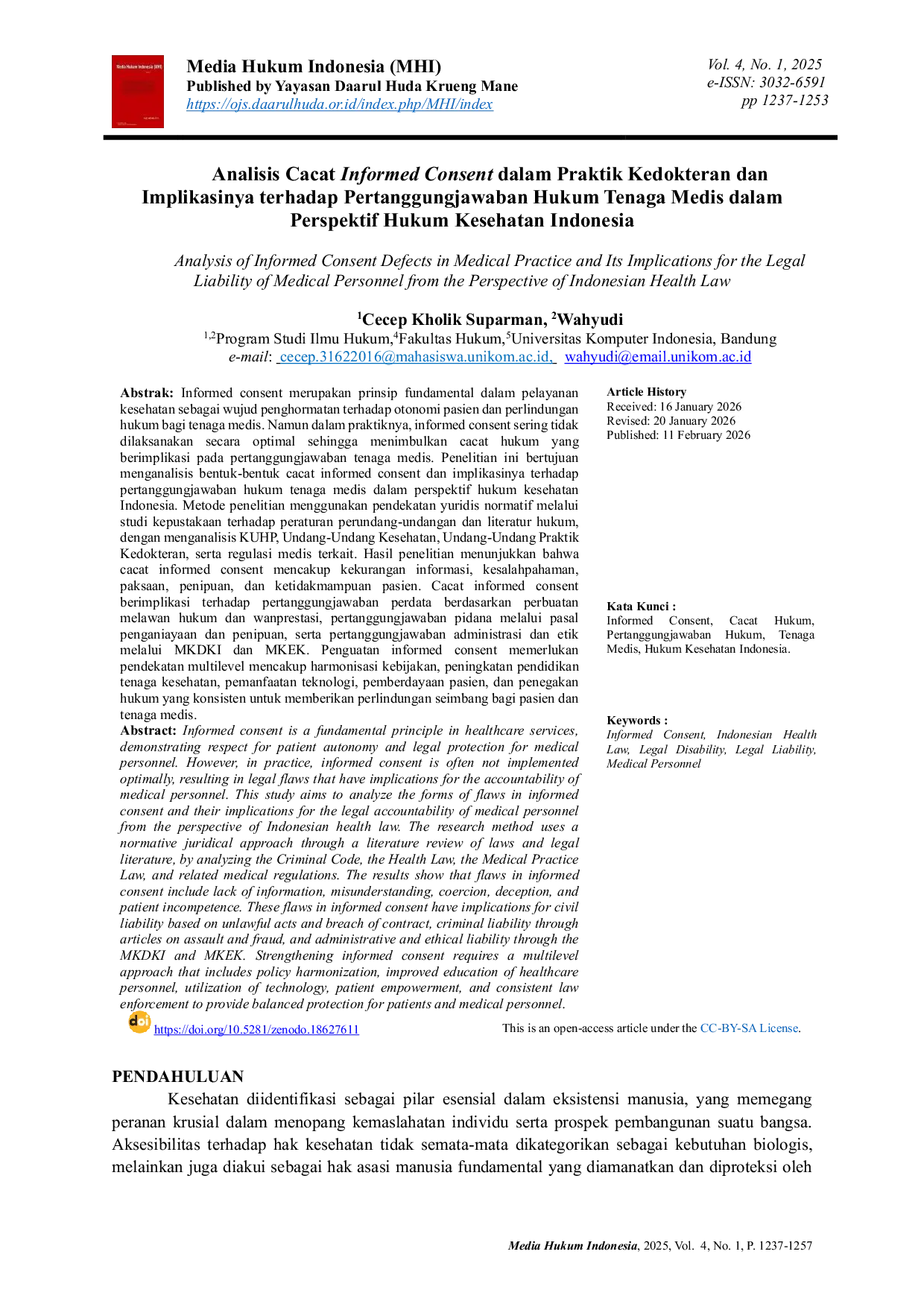 JURIS Analisis Cacat Informed Consent dalam Praktik Kedokteran dan Implikasinya terhadap Pertanggungjawaban Hukum Tenaga Medis dalam Perspektif Hukum Kesehatan Indonesia