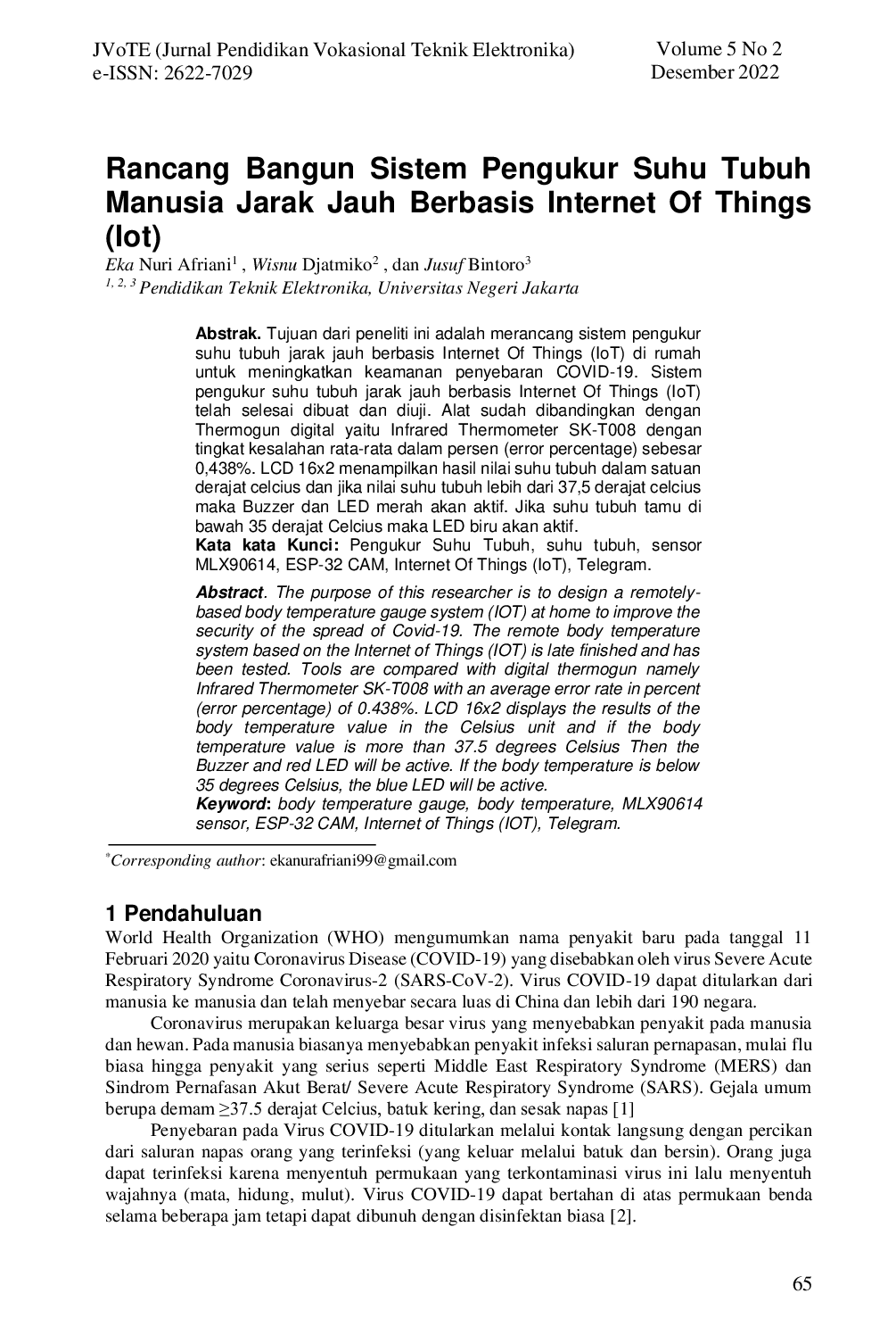 JURIS Rancang Bangun Sistem Pengukur Suhu Tubuh Manusia Jarak Jauh Berbasis Internet Of Things IOT