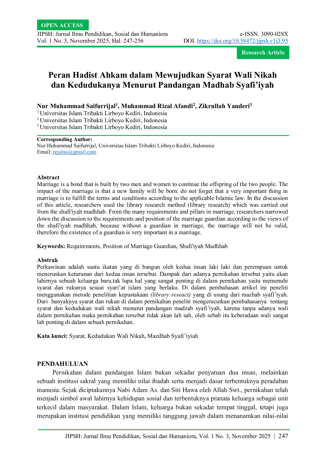 JURIS Peran Hadist Ahkam dalam Mewujudkan Syarat Wali Nikah dan Kedudukanya Menurut Pandangan Madhab Syafi iyah