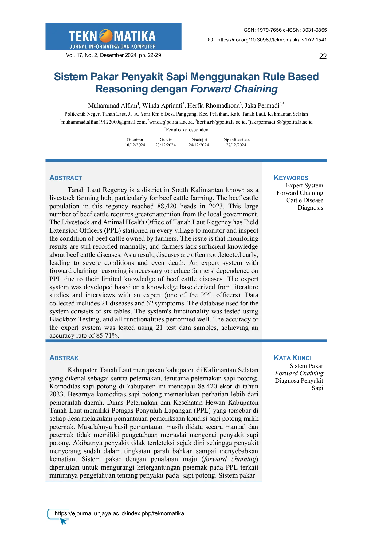 JURIS Sistem Pakar Penyakit Sapi Menggunakan Rule Based Reasoning dengan Forward Chaining