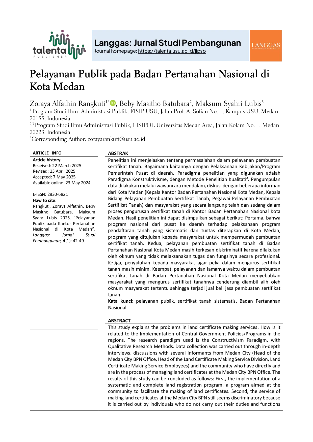 JURIS Pelayanan Publik Pada Badan Pertanahan Nasional Di Kota Medan