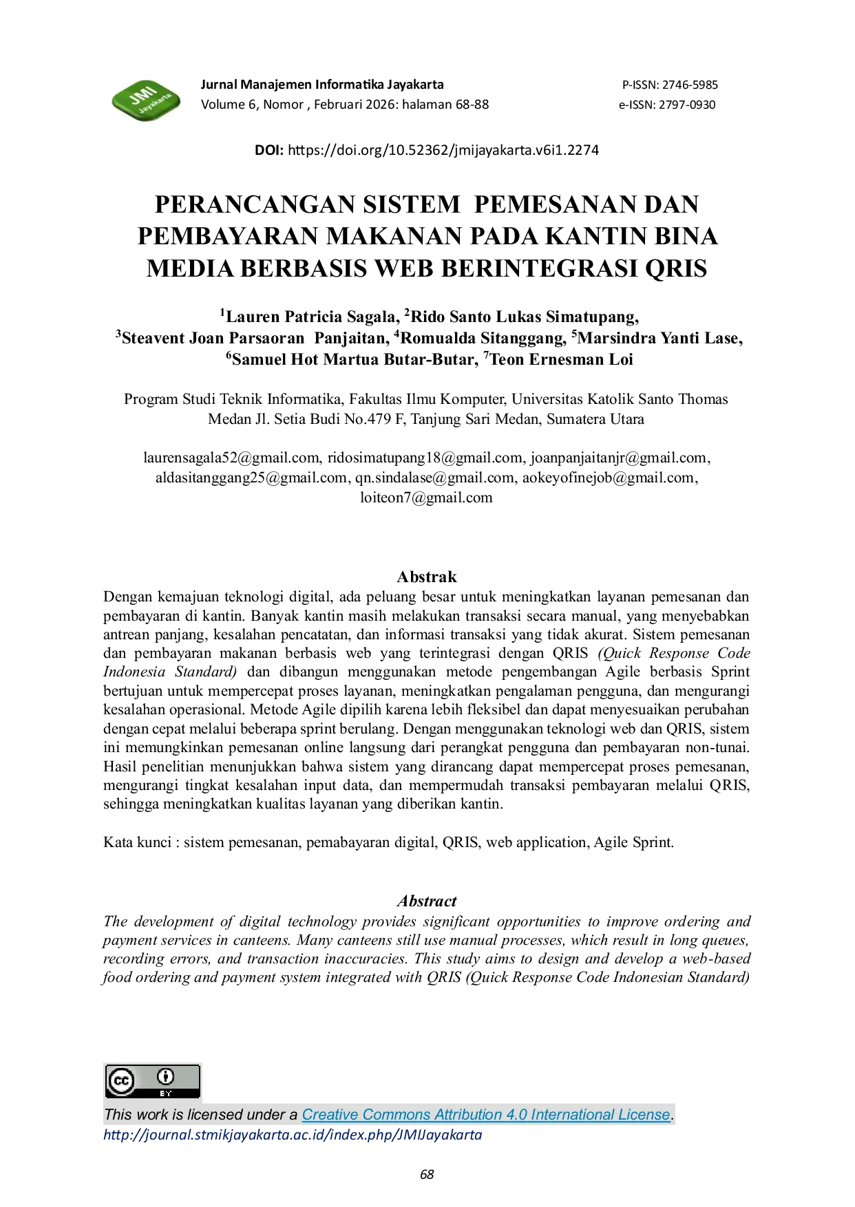 JURIS Perancangan Sistem Pemesanan Dan Pembayaran Makanan Pada Kantin Bina Media Berbasis Web Berintegrasi Qris