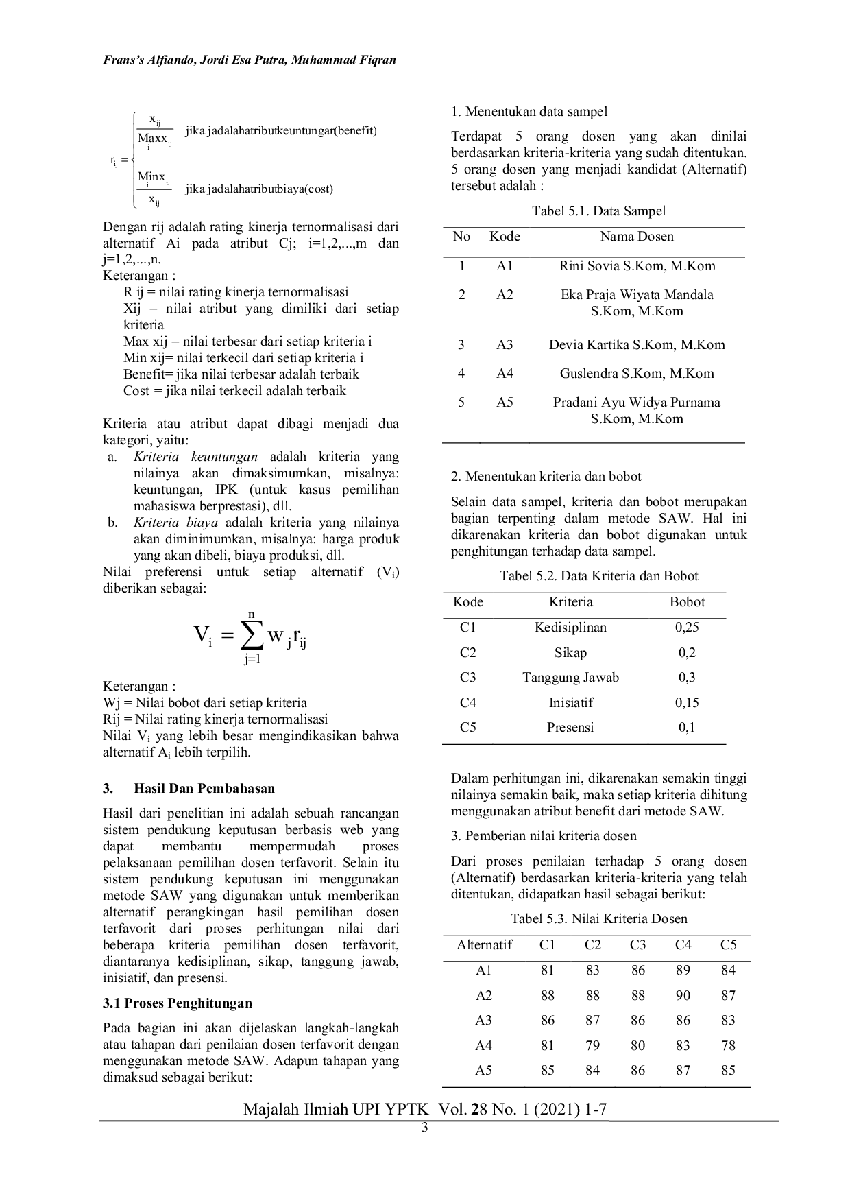 JURIS Sistem Pendukung Keputusan Penentuan Dosen Terfavorit Pilihan Mahasiswa Menggunakan Metode Simple Additive Weighting SAW