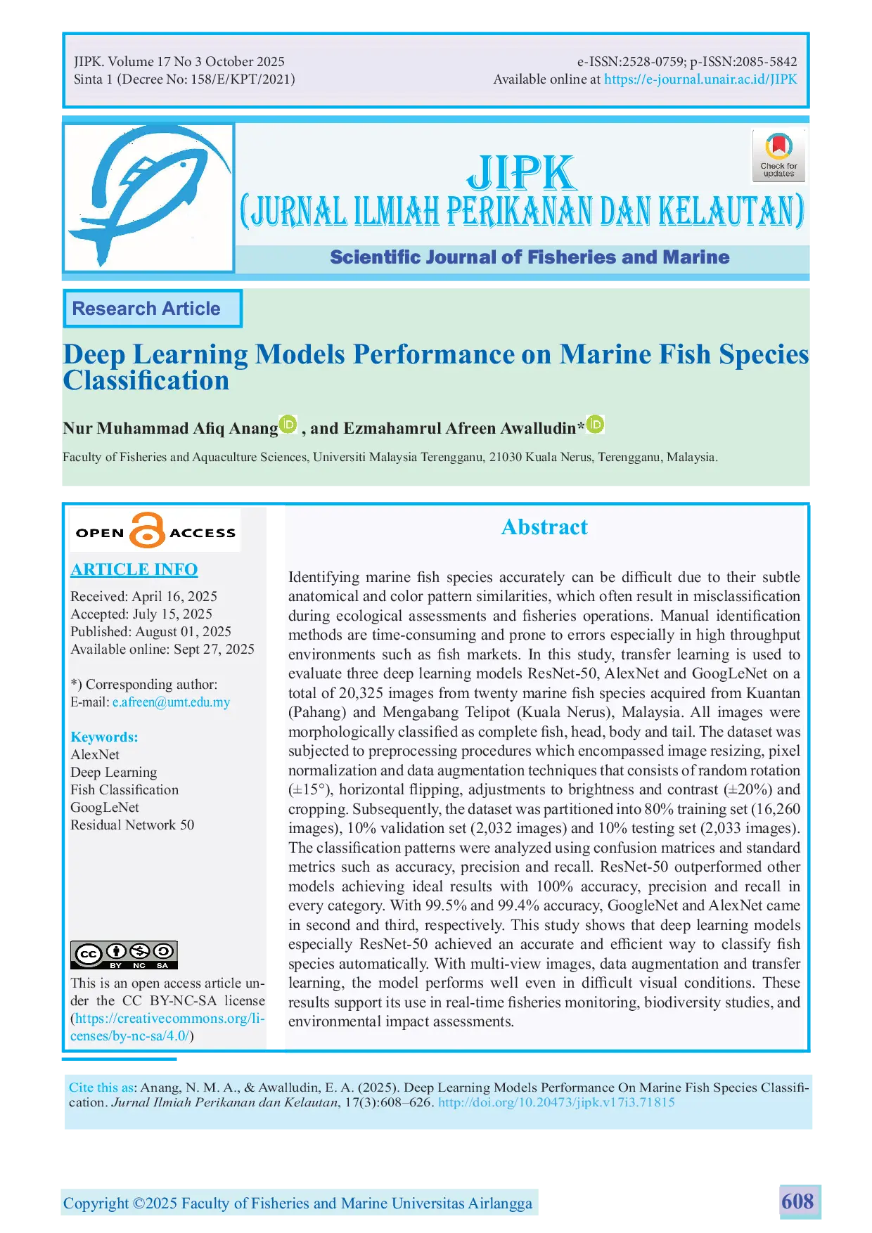 JURIS Deep Learning Models Performance on Marine Fish Species Classification