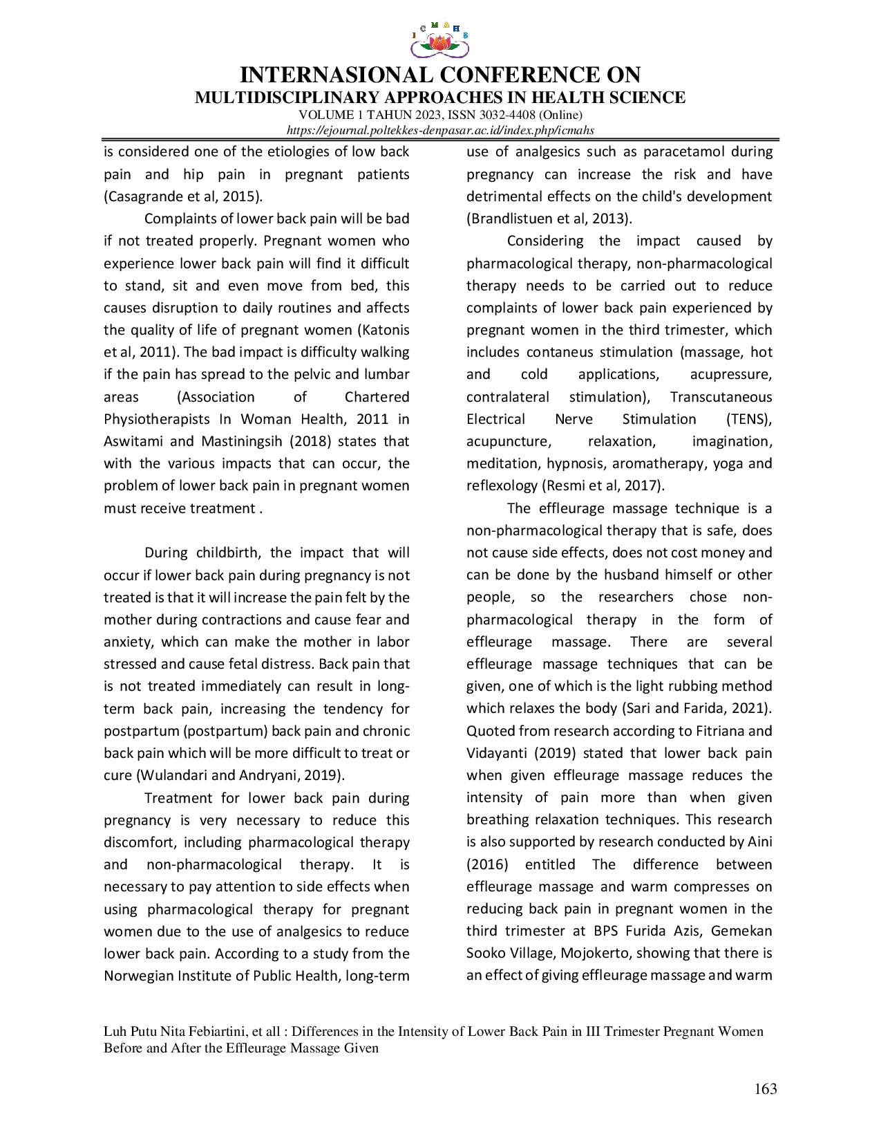 JURIS Differences in the Intensity of Lower Back Pain in III Trimester Pregnant Women Before and After the Effleurage Massage Given