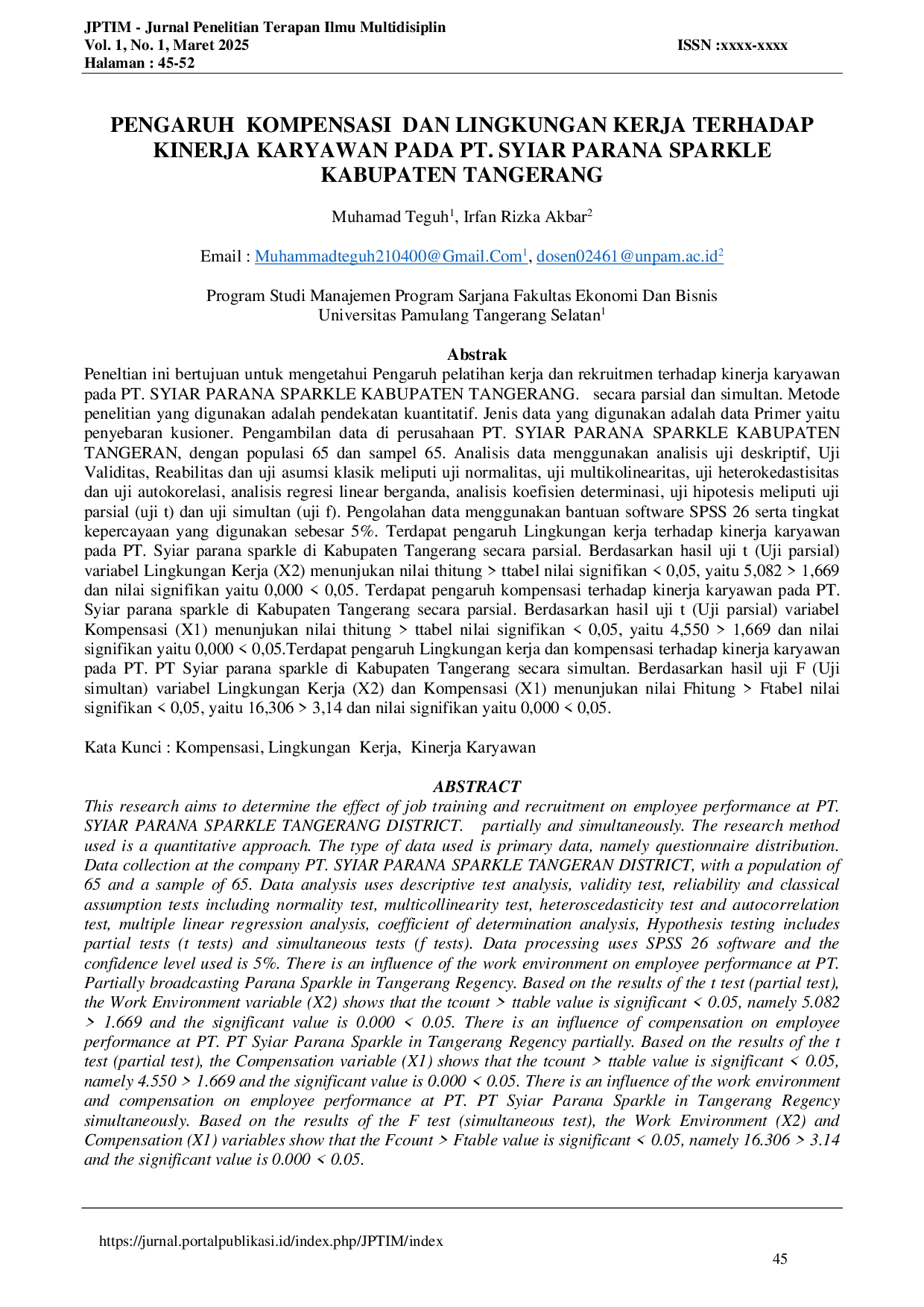 JURIS Pengaruh Kompensasi Dan Lingkungan Kerja Terhadap Kinerja Karyawan Pada Pt Syiar Parana Sparkle Kabupaten Tangerang