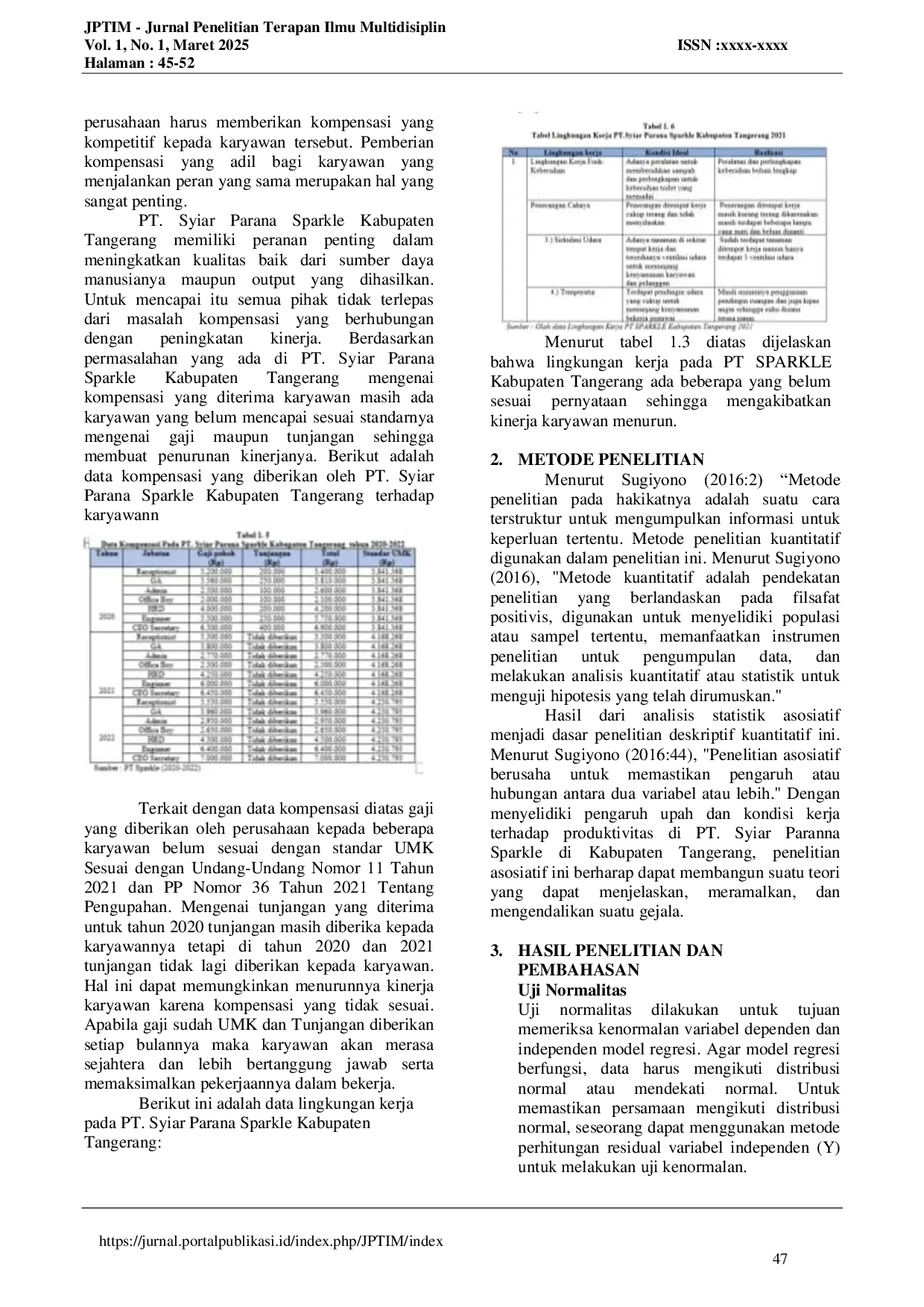 JURIS Pengaruh Kompensasi Dan Lingkungan Kerja Terhadap Kinerja Karyawan Pada Pt Syiar Parana Sparkle Kabupaten Tangerang
