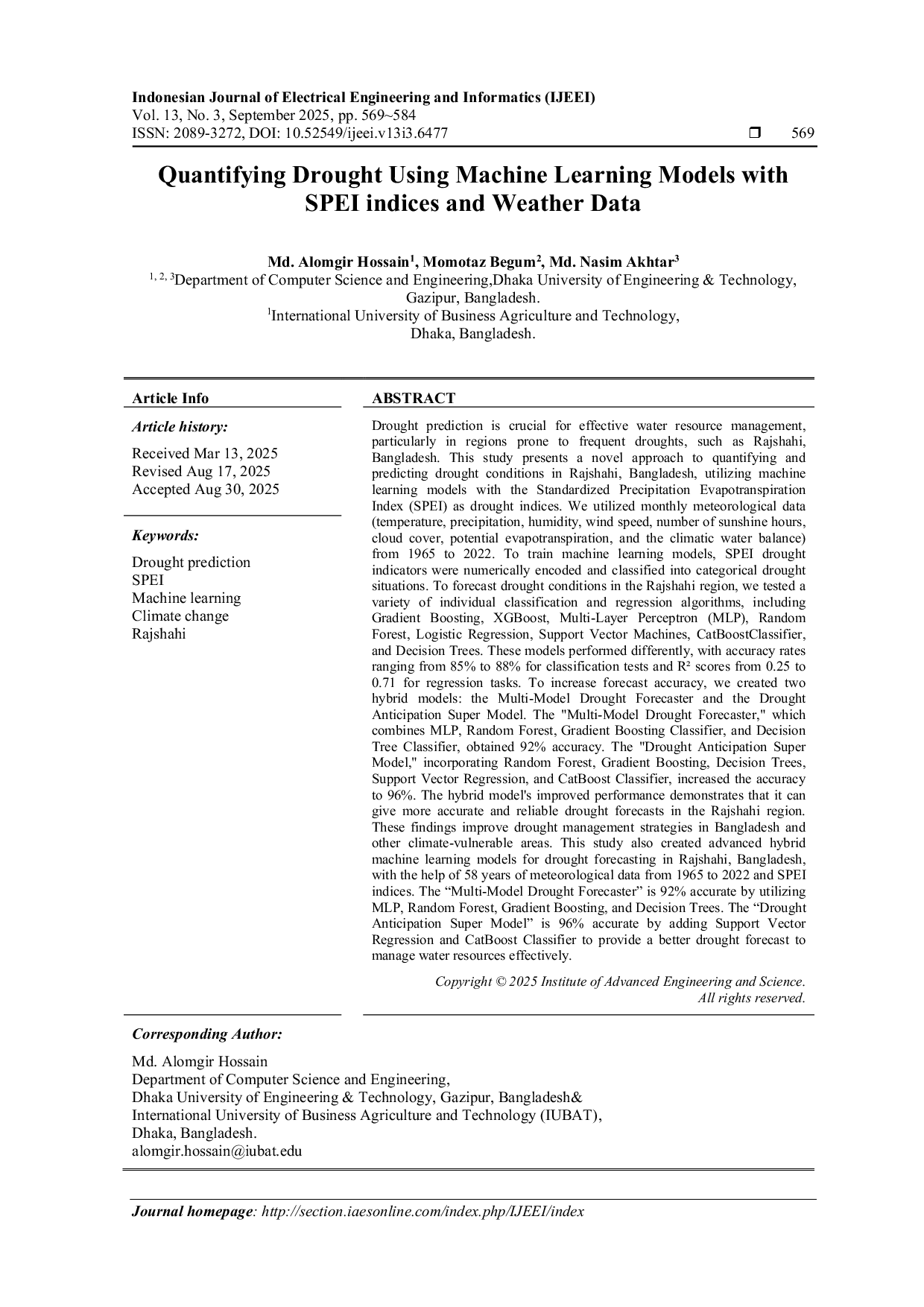 JURIS Quantifying Drought Using Machine Learning Models with SPEI indices and Weather Data