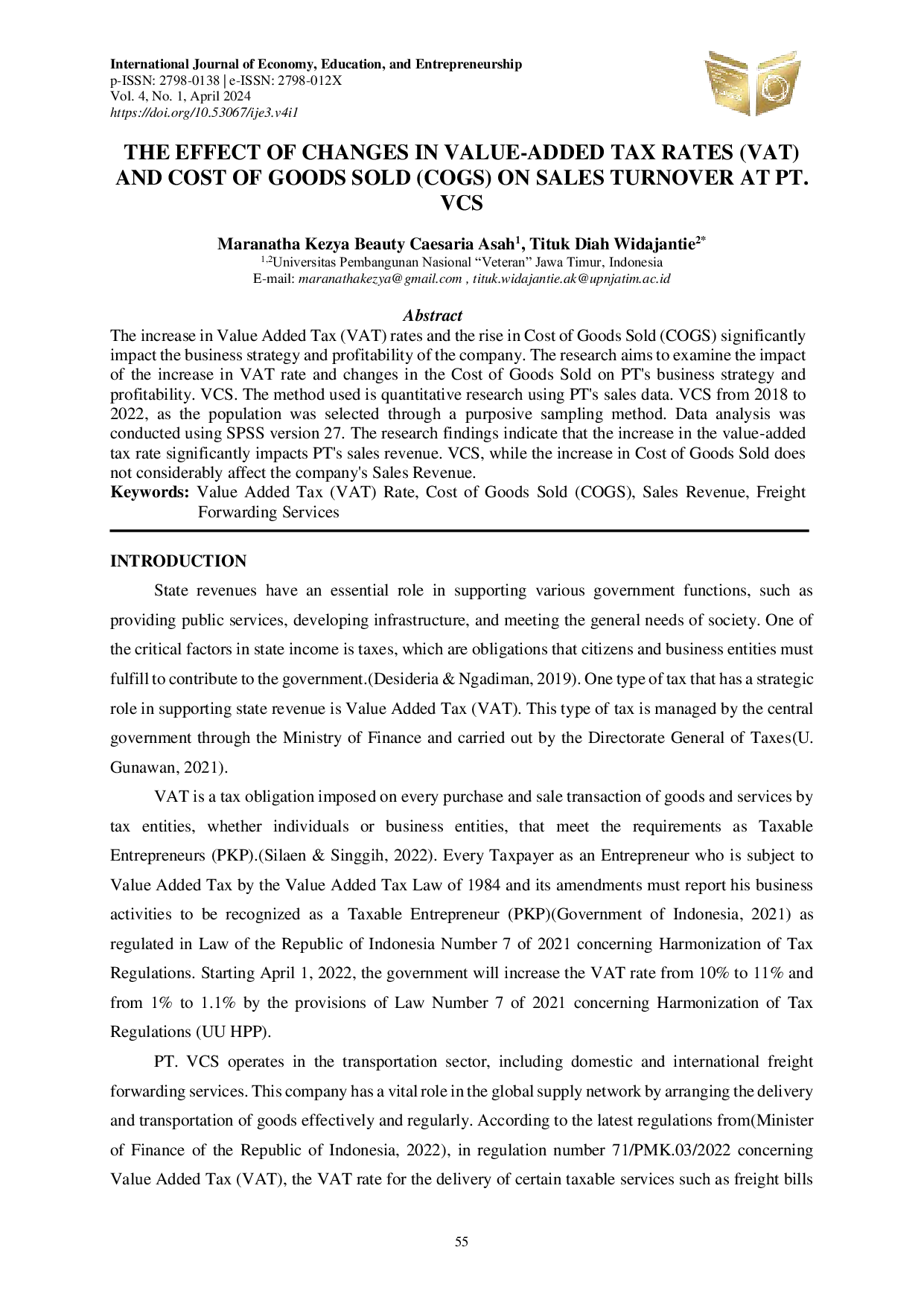 JURIS The Effect of Changes in Value Added Tax Rates VAT and Cost of Goods Sold COGS on Sales Turnover at PT VCS