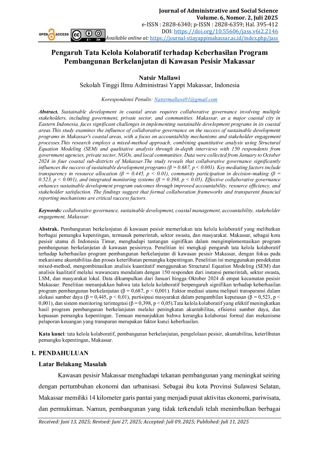 JURIS Pengaruh Tata Kelola Kolaboratif Terhadap Keberhasilan Program Pembangunan Berkelanjutan Di Kawasan Pesisir Makassar