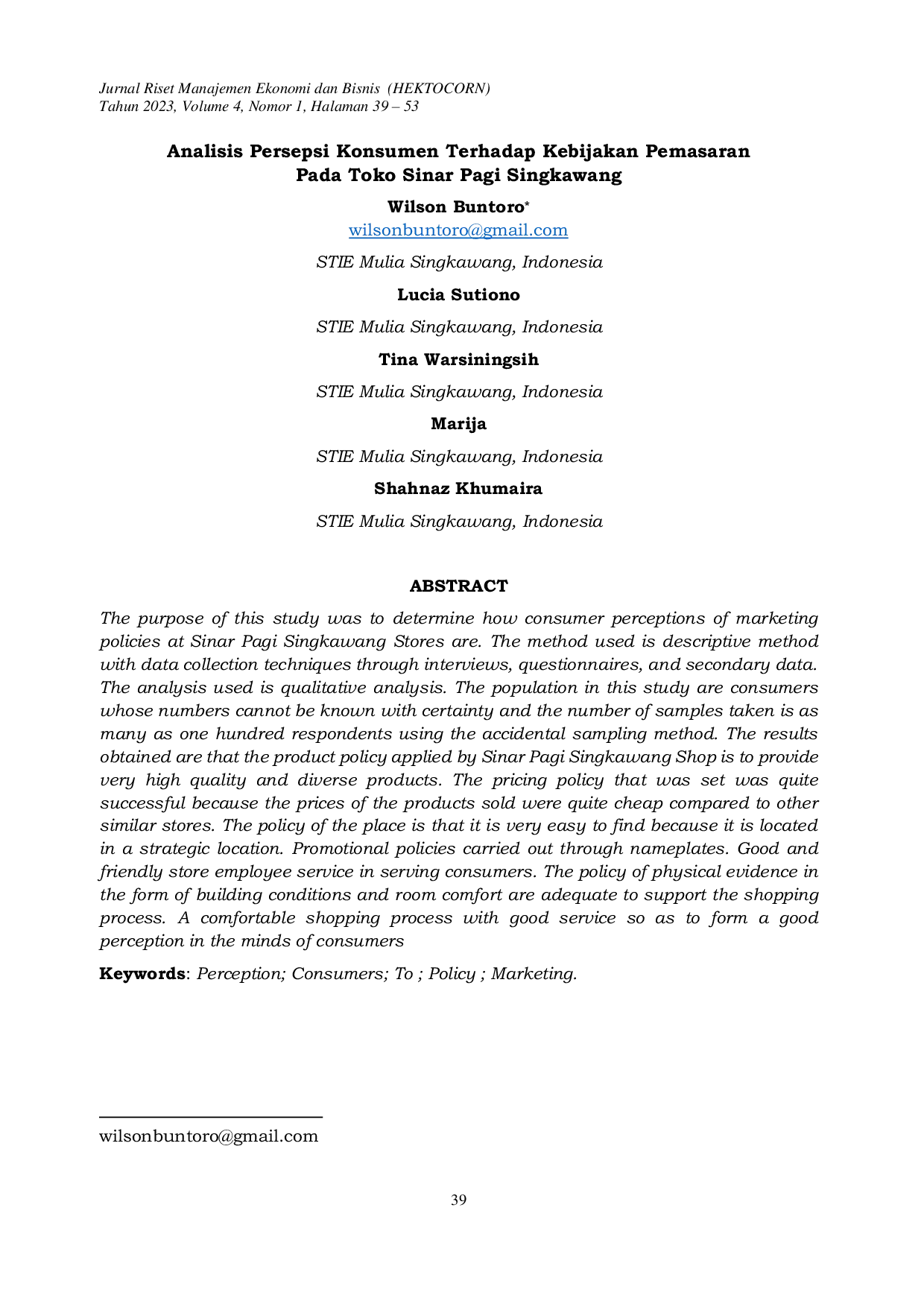 JURIS Analisis Persepsi Konsumen Terhadap Kebijakan Pemasaran Pada Toko Sinar Pagi Singkawang