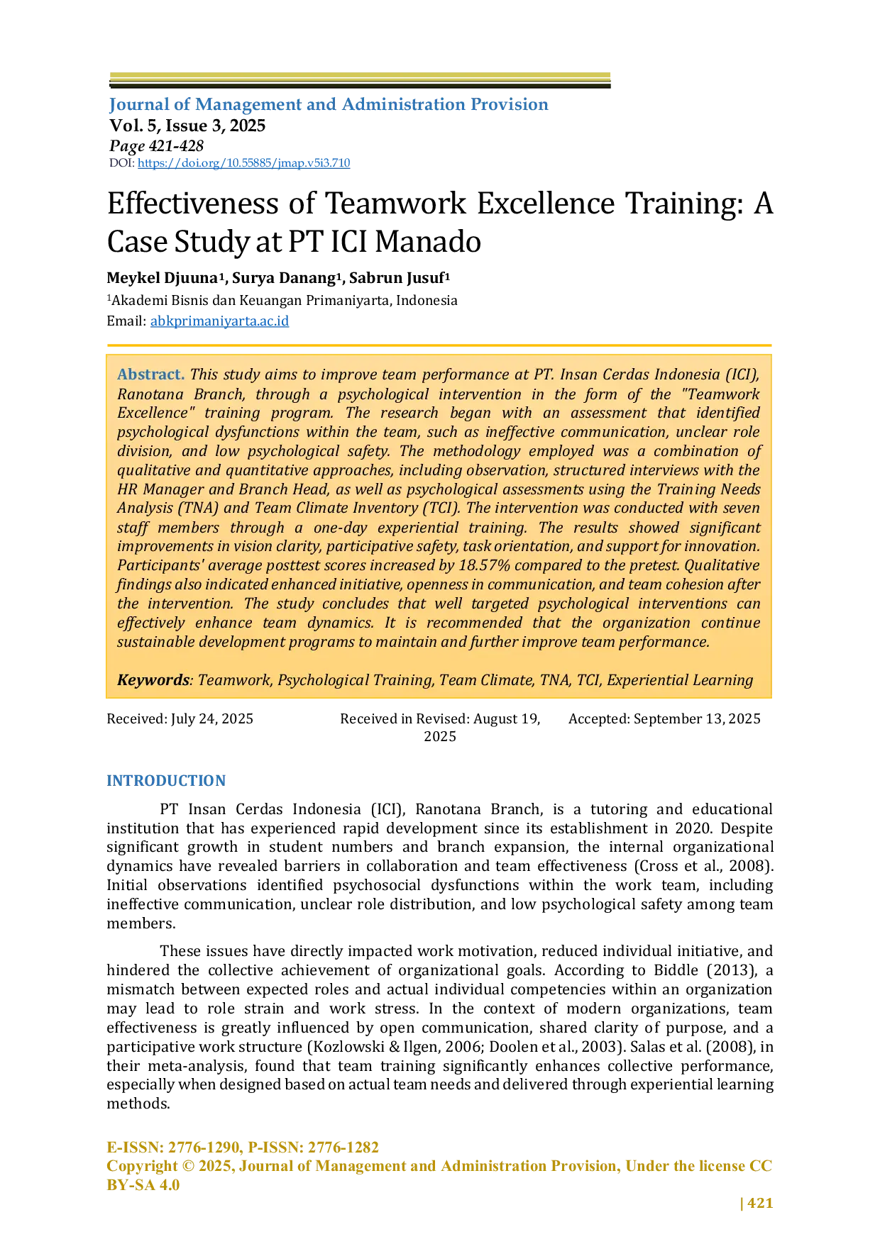 JURIS Effectiveness of Teamwork Excellence Training A Case Study at PT ICI Manado