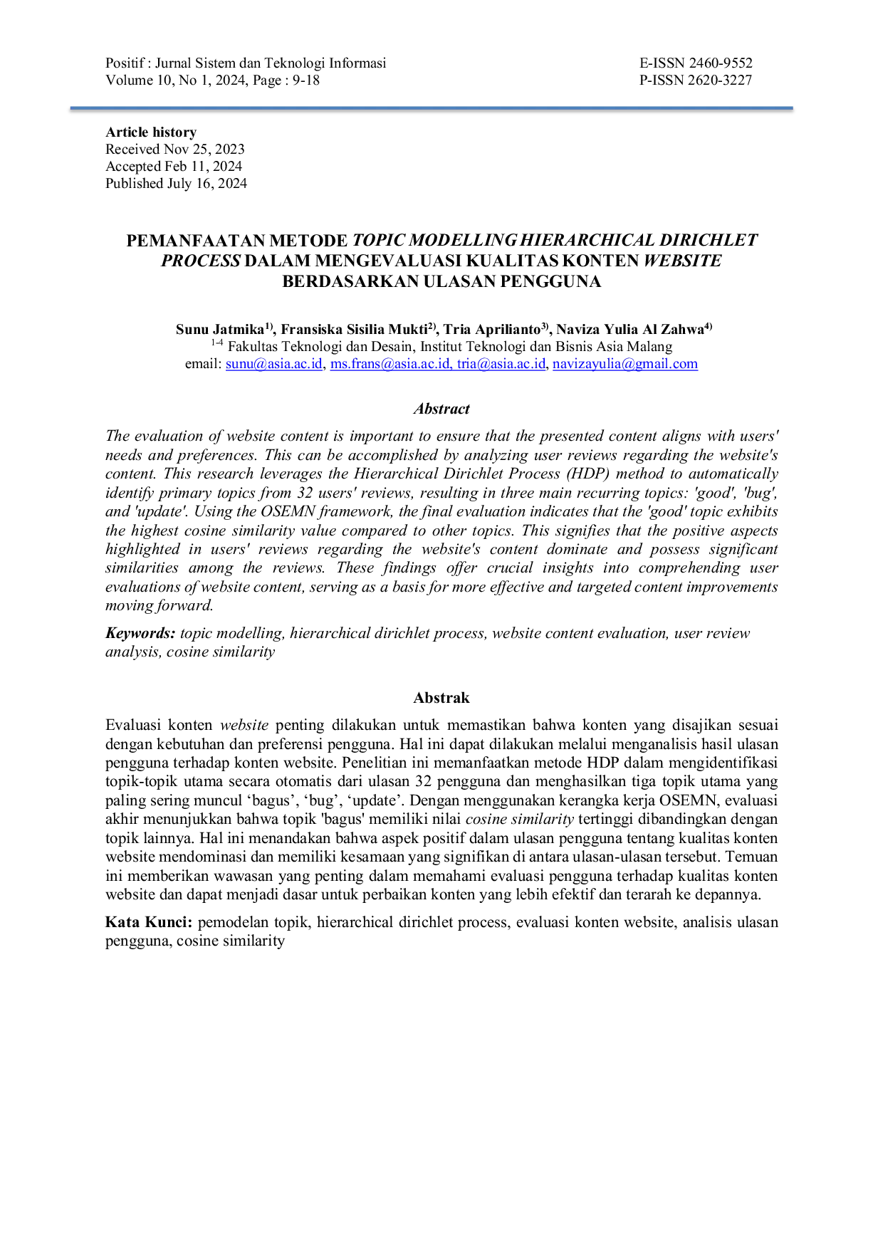 JURIS Pemanfaatan Metode Topic Modelling Hierarchical Dirichlet Process Dalam Mengevaluasi Kualitas Konten Website Berdasarkan Ulasan Pengguna