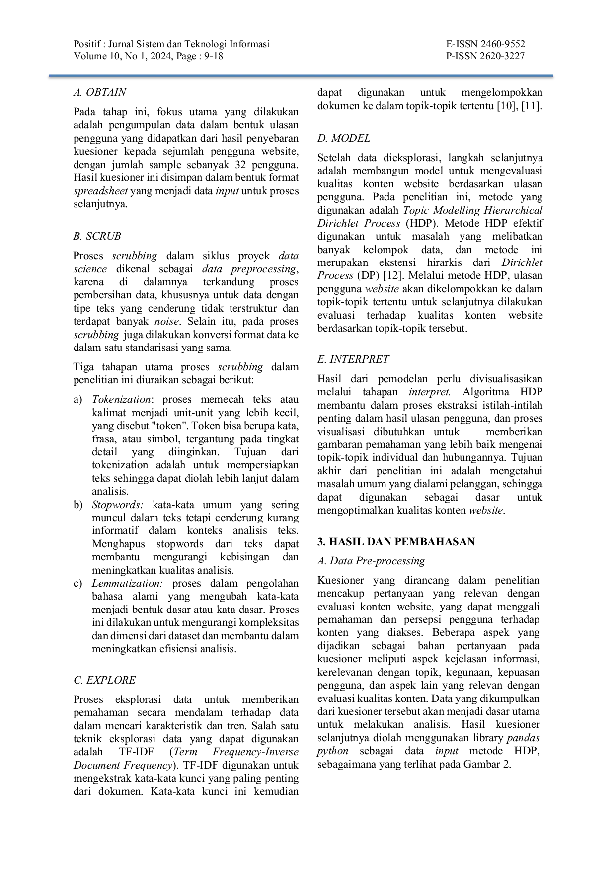 JURIS Pemanfaatan Metode Topic Modelling Hierarchical Dirichlet Process Dalam Mengevaluasi Kualitas Konten Website Berdasarkan Ulasan Pengguna