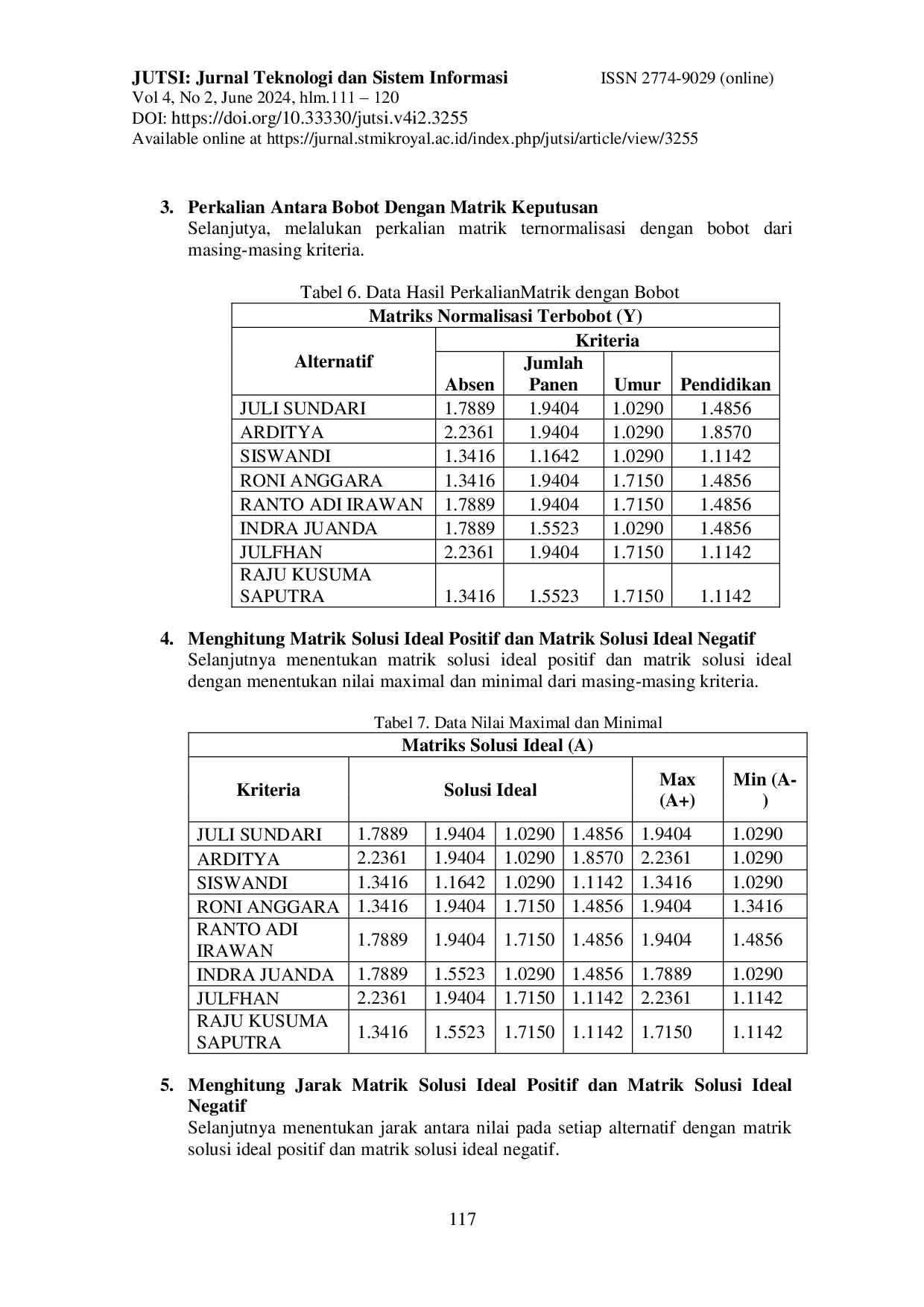 JURIS Sistem Pendukung Keputusan Pemilihan Karyawan Tetap Pada Pt Pn Iv Tinjowan Dengan Menggunakan Metode Topsis Berbasis Web