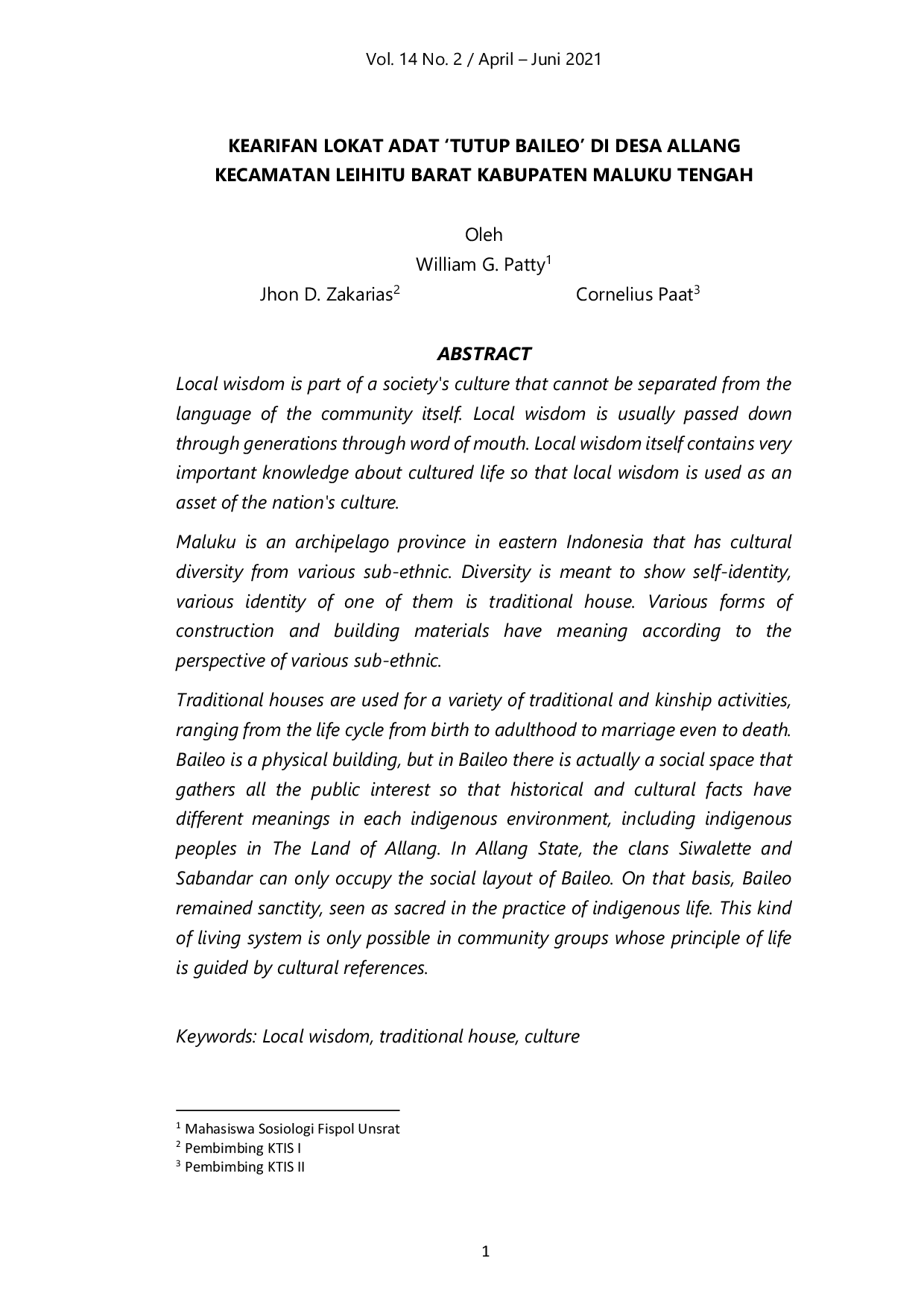 JURIS Kearifan Lokal Adat Tutup Baileo di Desa Allang Kecamatan Leihitu Barat Kabupaten Maluku Tengah