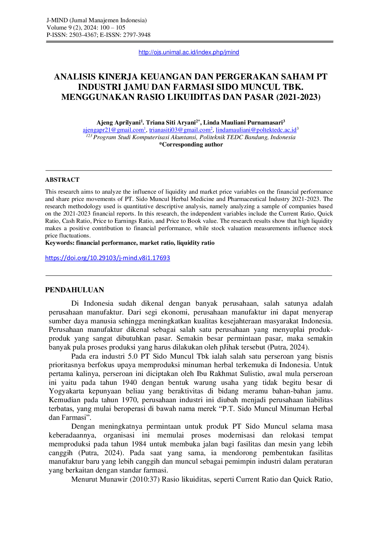 JURIS Analisis Kinerja Keuangan Dan Pergerakan Saham Pt Industri Jamu Dan Farmasi Sido Muncul Tbk Menggunakan Rasio Likuiditas Dan Pasar 2021 2023