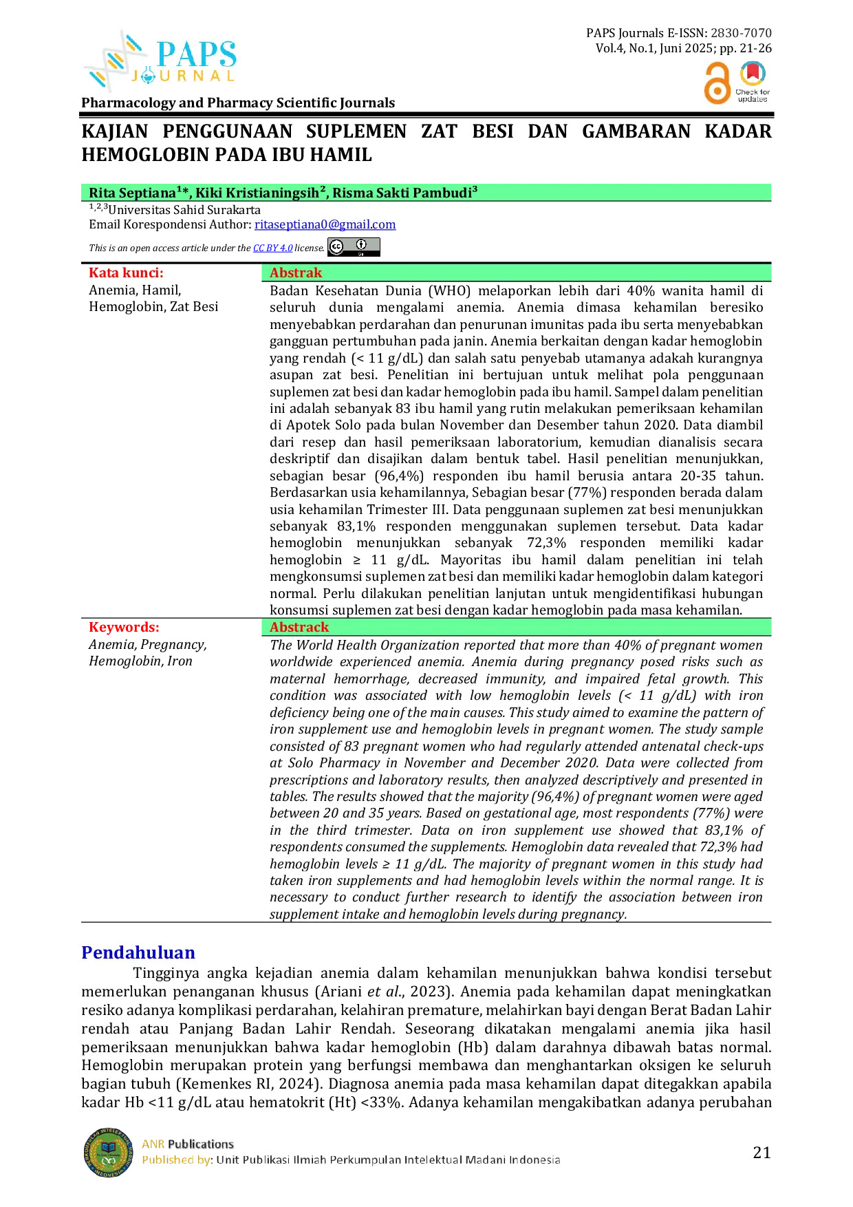 JURIS Kajian Penggunaan Suplemen Zat Besi Dan Gambaran Kadar Hemoglobin Pada Ibu Hamil