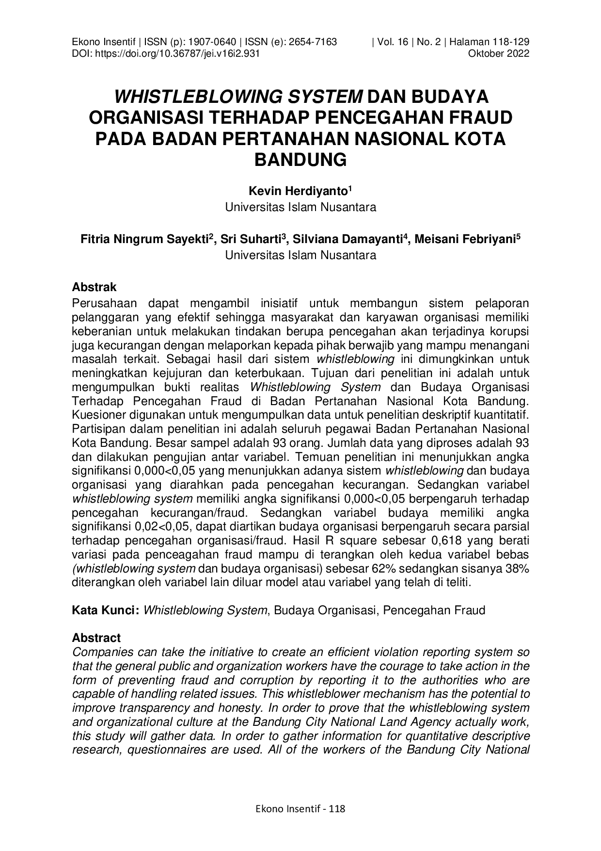 juris Whistleblowing System Dan Budaya Organisasi Terhadap Pencegahan Fraud Pada Badan Pertanahan Nasional Kota Bandung