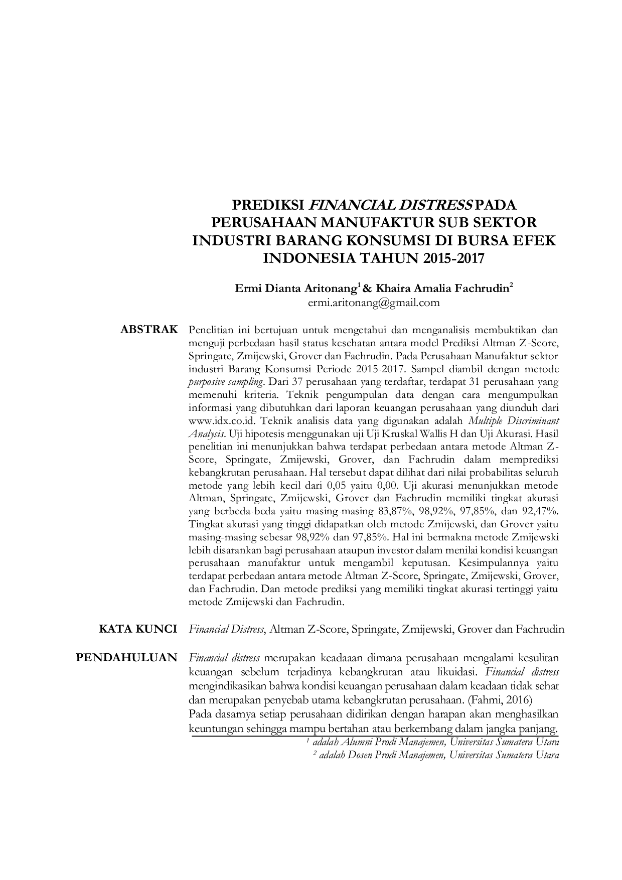 JURIS Prediksi Financial Distress pada Perusahaan Manufaktur Sub Sektor Industri Barang Konsumsi di Bursa Efek Indonesia Tahun 2015 2017