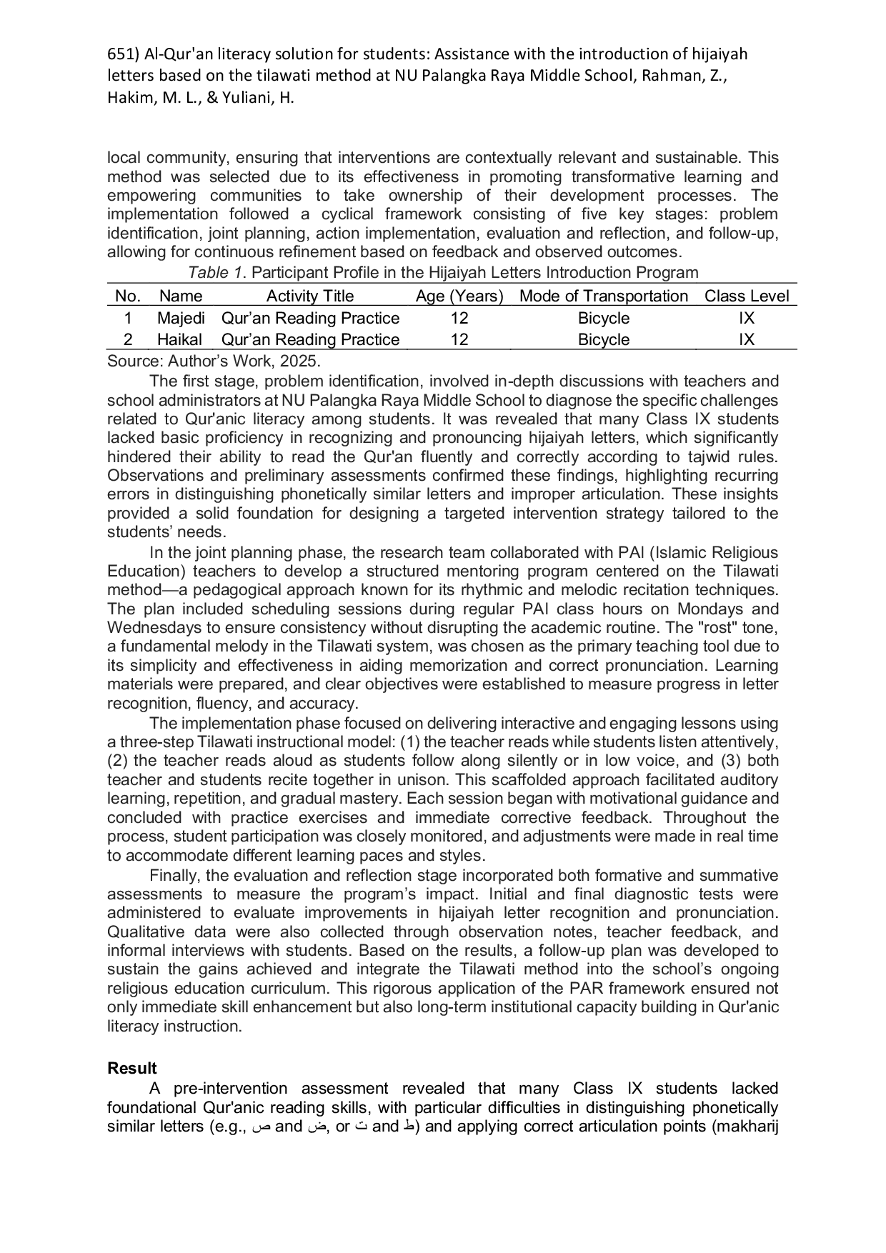 JURIS Al Qur an Literacy Solution for students Assistance with the Introduction of Hijaiyah Letters Based On the Tilawati Method at NU Palangka Raya Middle School
