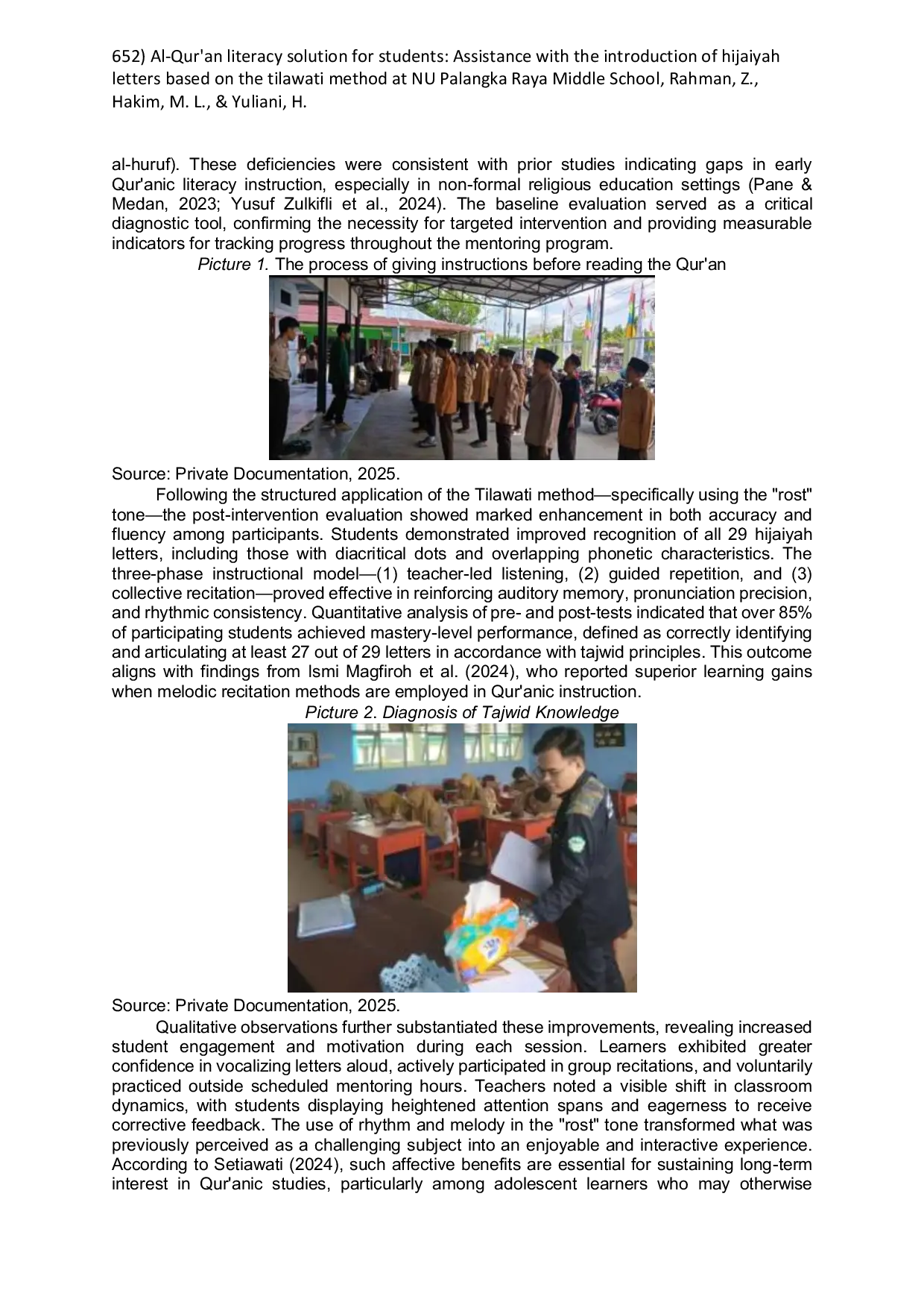 JURIS Al Qur an Literacy Solution for students Assistance with the Introduction of Hijaiyah Letters Based On the Tilawati Method at NU Palangka Raya Middle School