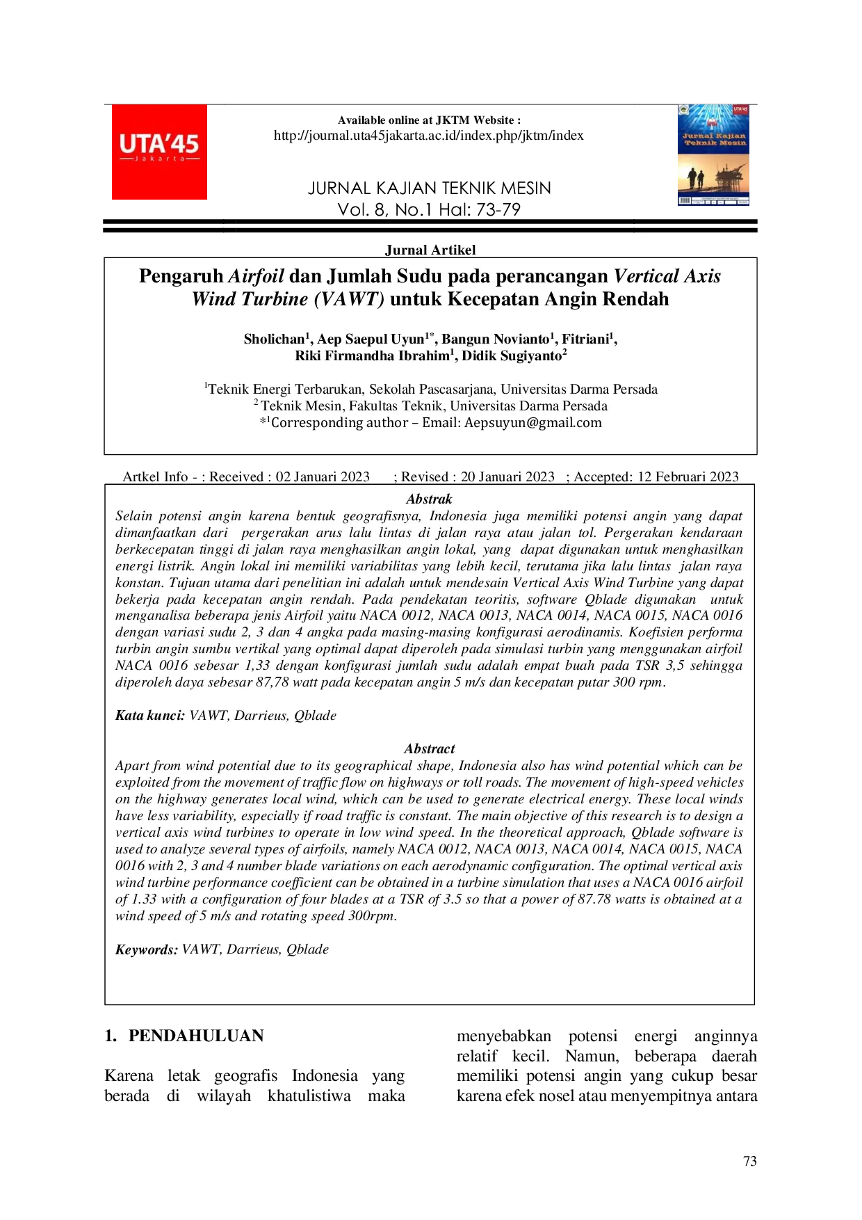 JURIS Pengaruh Airfoil dan Jumlah Sudu pada Perancangan Vertikal Axis Wind Turbine VAWT untuk Kecepatan Angin Rendah
