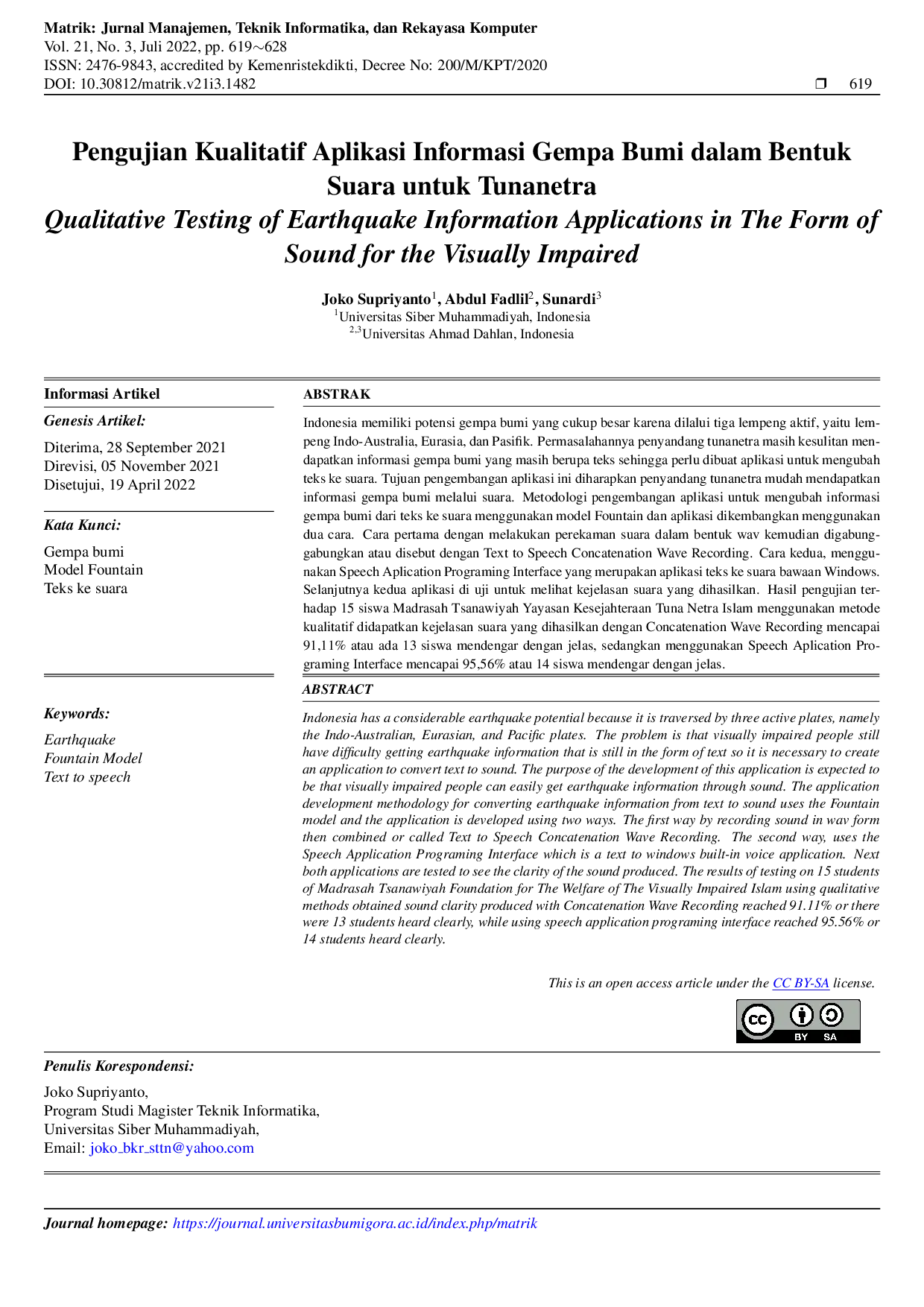 JURIS Pengujian Kualitatif Aplikasi Informasi Gempa Bumi dalam Bentuk Suara untuk Tunanetra