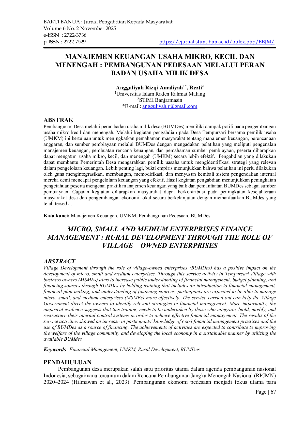 JURIS Manajemen Keuangan Usaha Mikro Kecil Dan Menengah Pembangunan Pedesaan Melalui Peran Badan Usaha Milik Desa