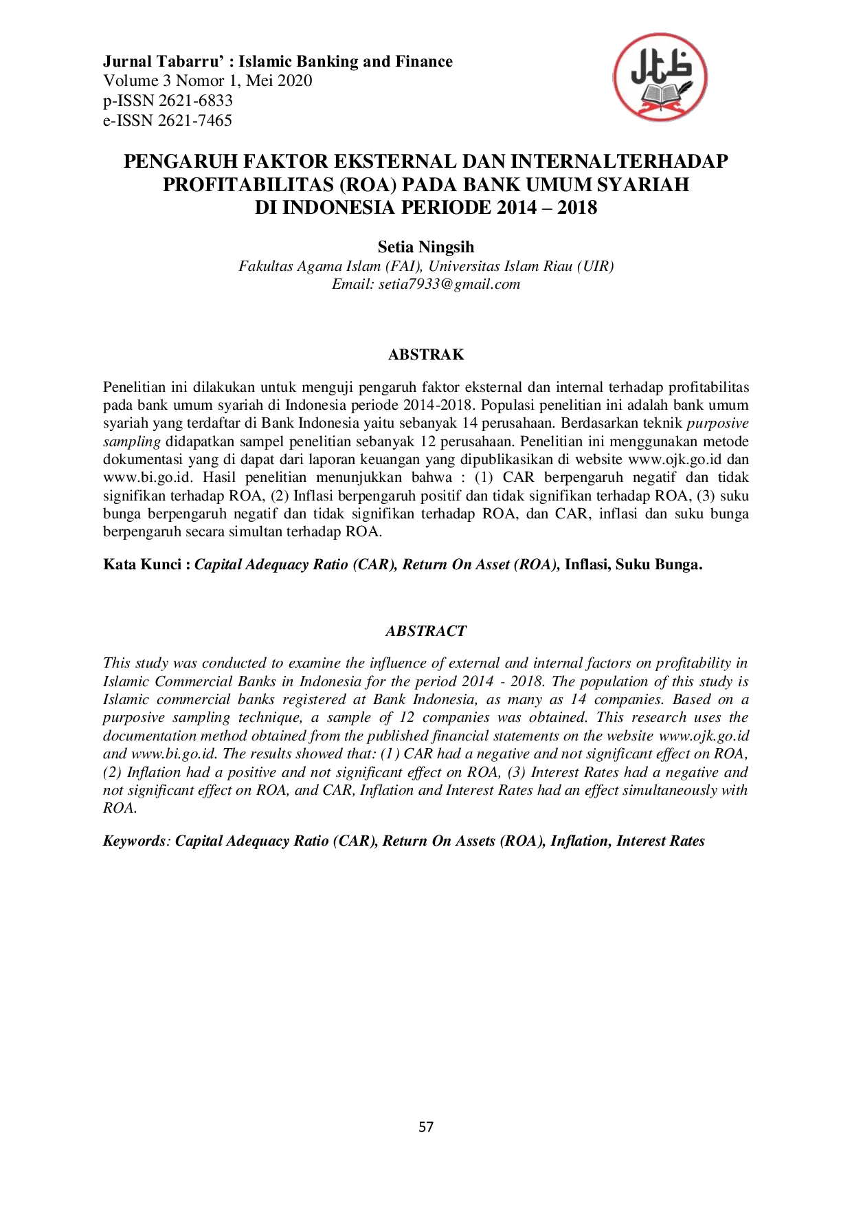JURIS Pengaruh Faktor Eksternal Dan Internal Terhadap Profitabilitas ROA Pada Bank Umum Syariah Di Indonesia Periode 2014 2018