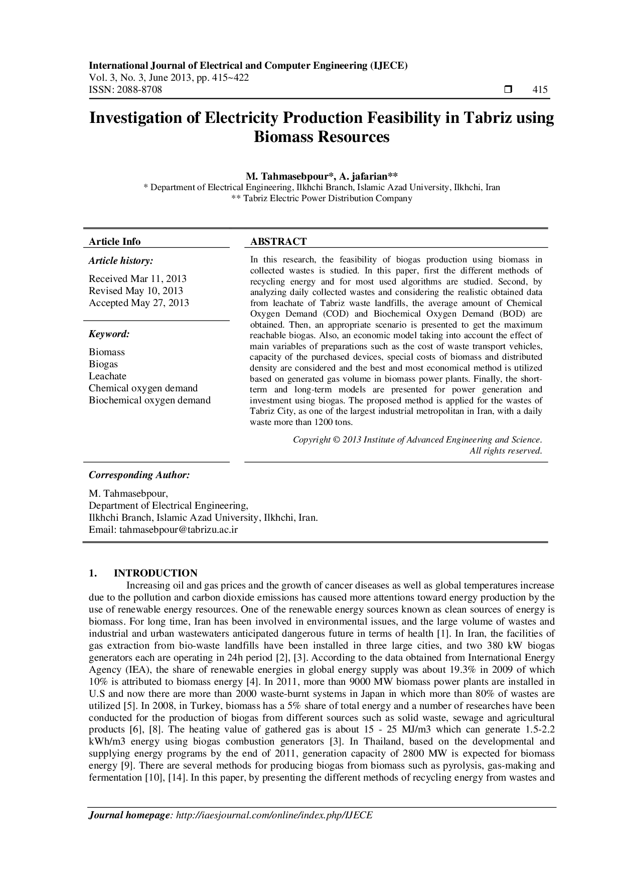JURIS Investigation of electricity production feasibility in Tabriz using biomass resources