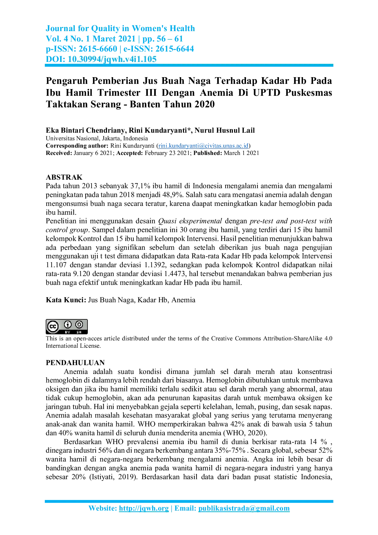 JURIS Pengaruh Pemberian Jus Buah Naga Terhadap Kadar Hb Pada Ibu Hamil Trimester III Dengan Anemia Di UPTD Puskesmas Taktakan Serang Banten Tahun 2020