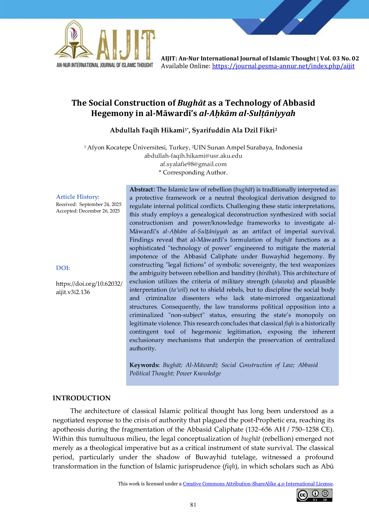 JURIS The Social Construction of BughAt as a Technology of Abbasid Hegemony in al MAward s al AukAm al SulAniyyah