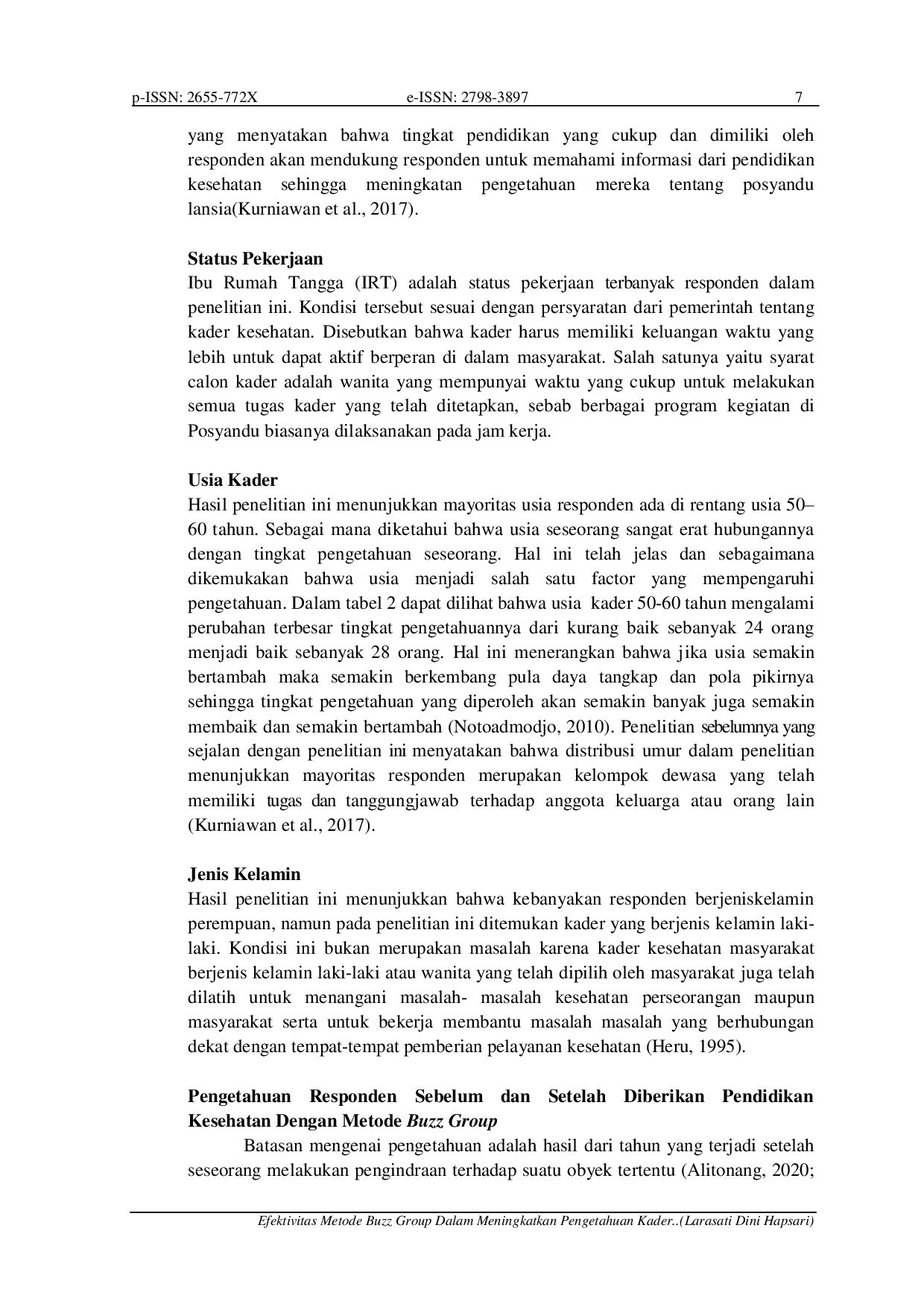 JURIS Efektivitas Metode Buzz Group Dalam Meningkatkan Pengetahuan Kader Tentang Rendam Kaki Air Jahe Hangat Pada Pasien Hipertensi