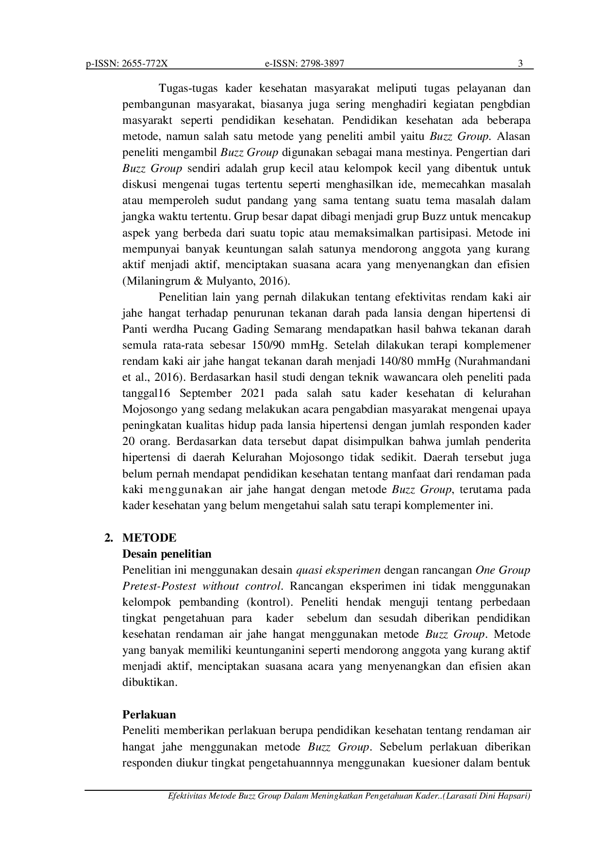 JURIS Efektivitas Metode Buzz Group Dalam Meningkatkan Pengetahuan Kader Tentang Rendam Kaki Air Jahe Hangat Pada Pasien Hipertensi