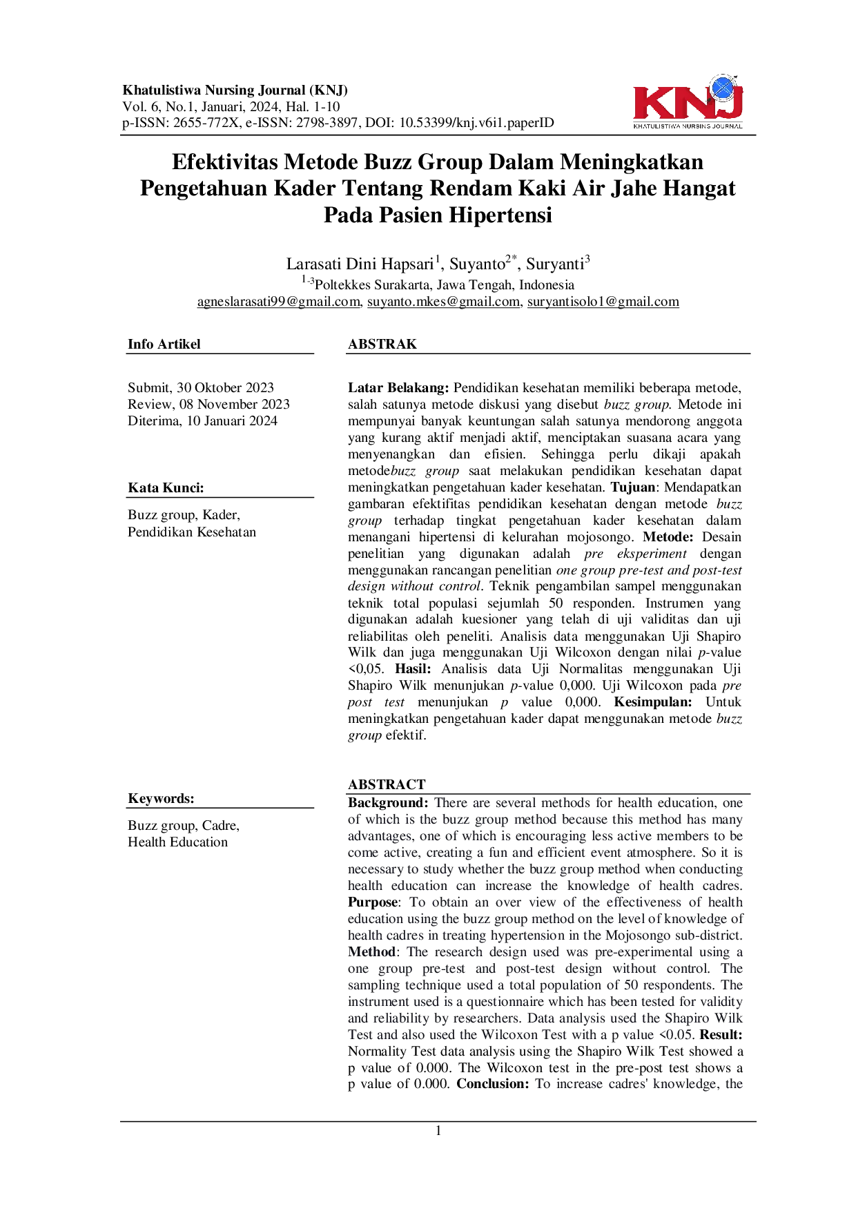 JURIS Efektivitas Metode Buzz Group Dalam Meningkatkan Pengetahuan Kader Tentang Rendam Kaki Air Jahe Hangat Pada Pasien Hipertensi