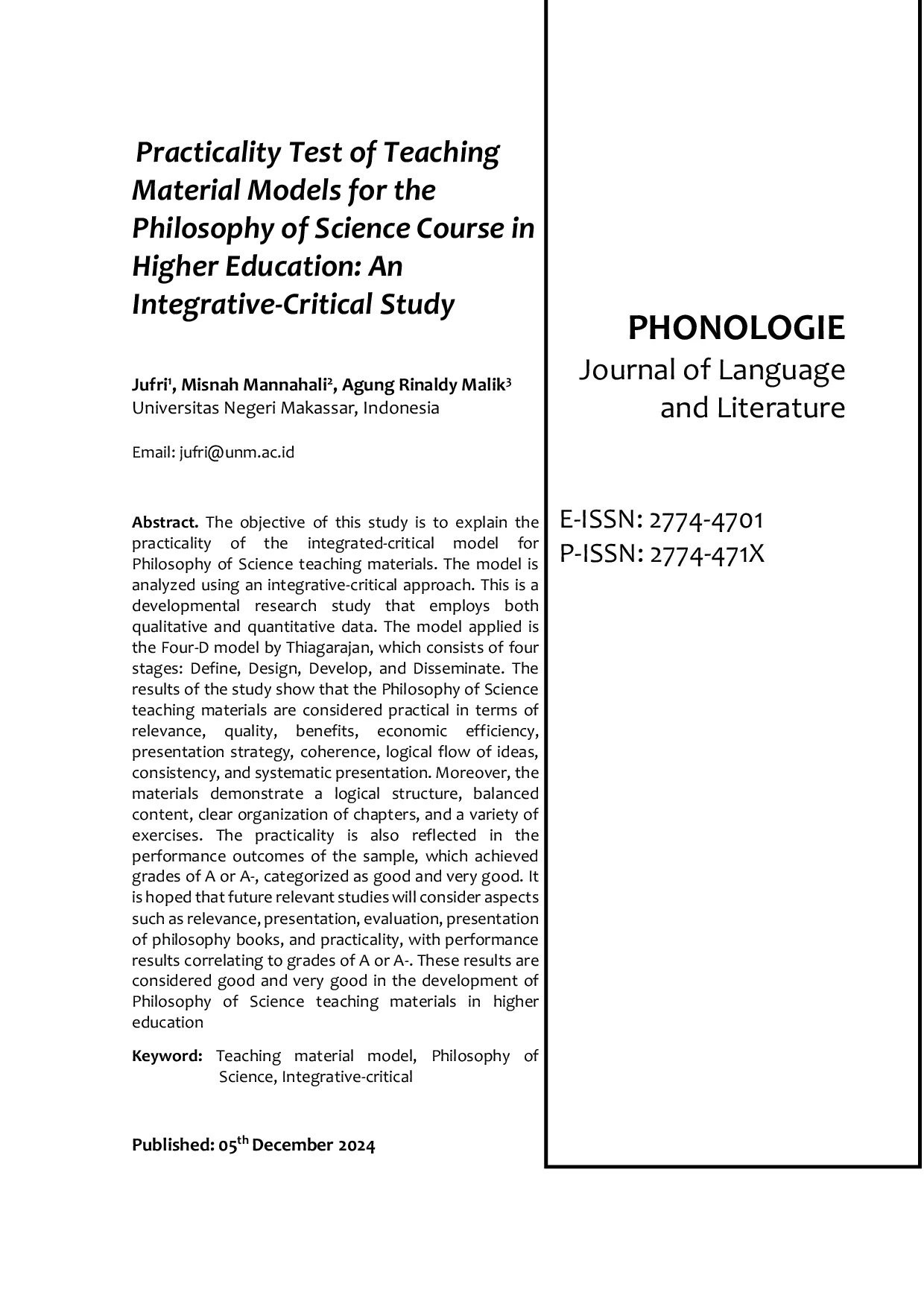 JURIS Practicality Test of Teaching Material Models for the Philosophy of Science Course in Higher Education An Integrative Critical Study