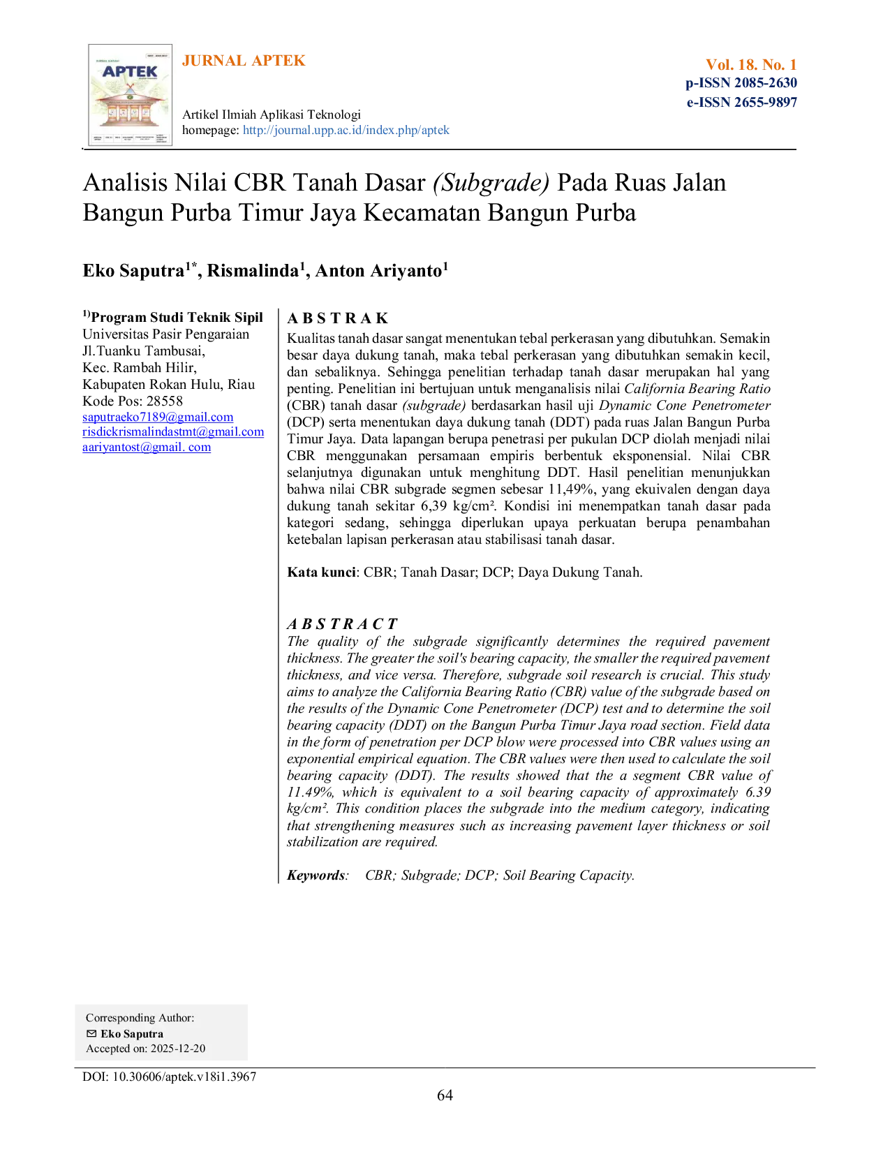 JURIS Analisis Nilai CBR Tanah Dasar Subgrade Pada Ruas Jalan Bangun Purba Timur Jaya Kecamatan Bangun Purba