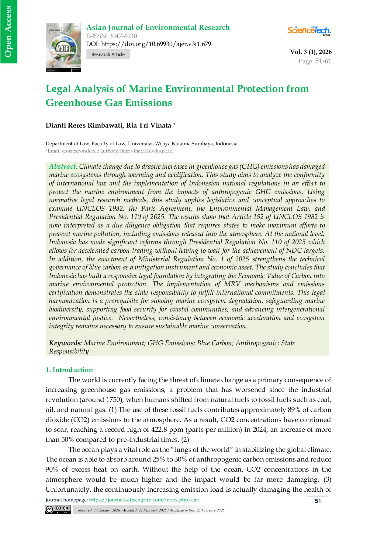 JURIS Legal Analysis of Marine Environmental Protection from Greenhouse Gas Emissions
