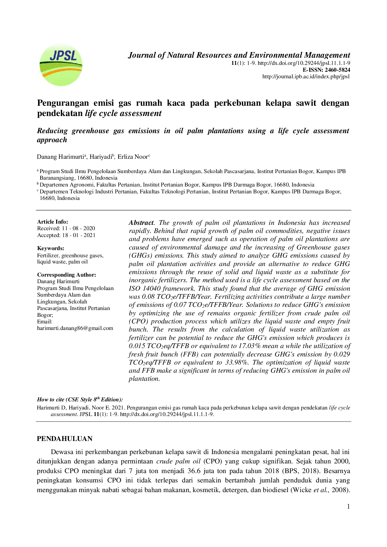 juris Pengurangan emisi gas rumah kaca pada perkebunan kelapa sawit dengan pendekatan life cycle assessment
