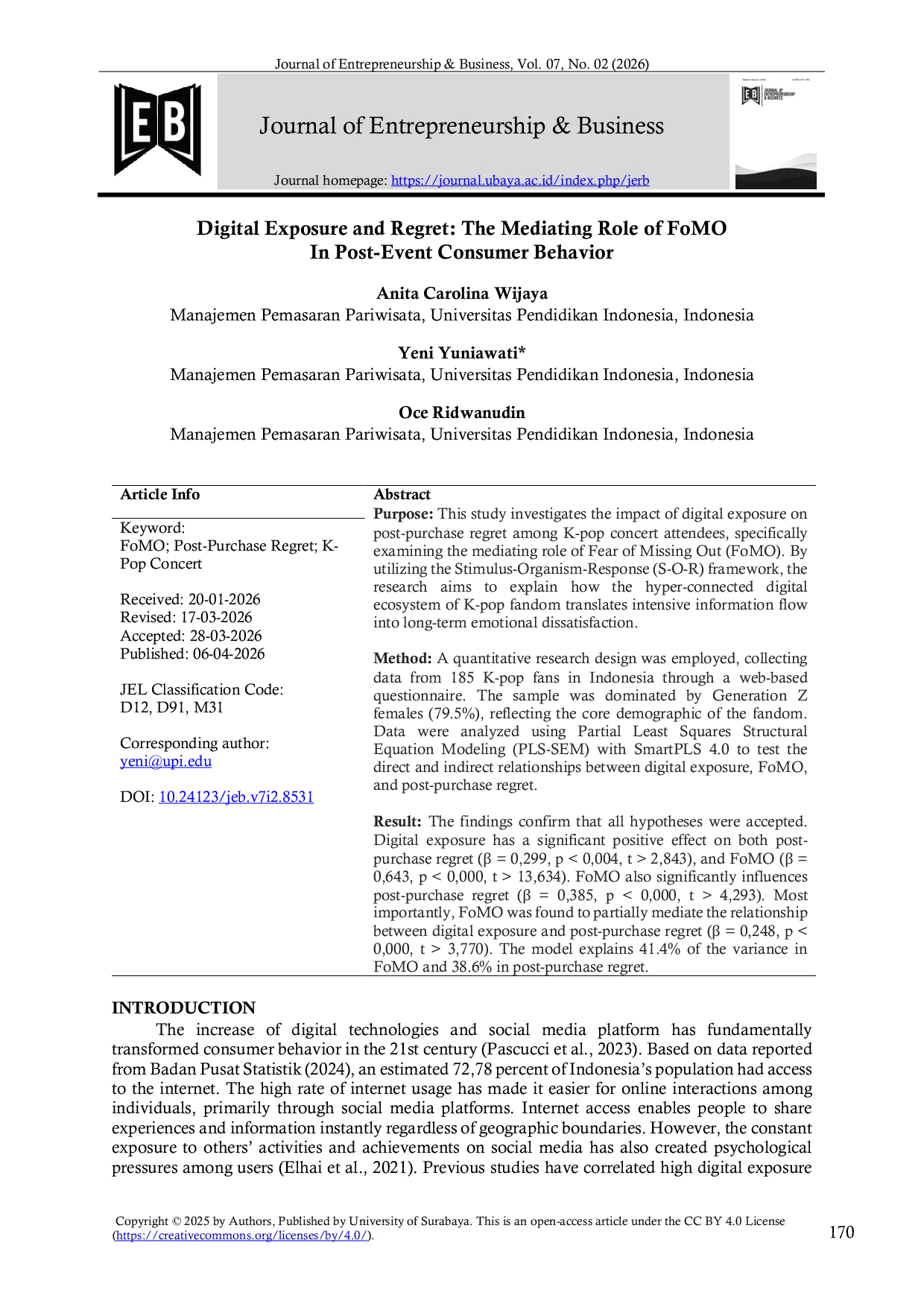 JURIS Digital Exposure and Regret The Mediating Role of FoMO In Post Event Consumer Behavior