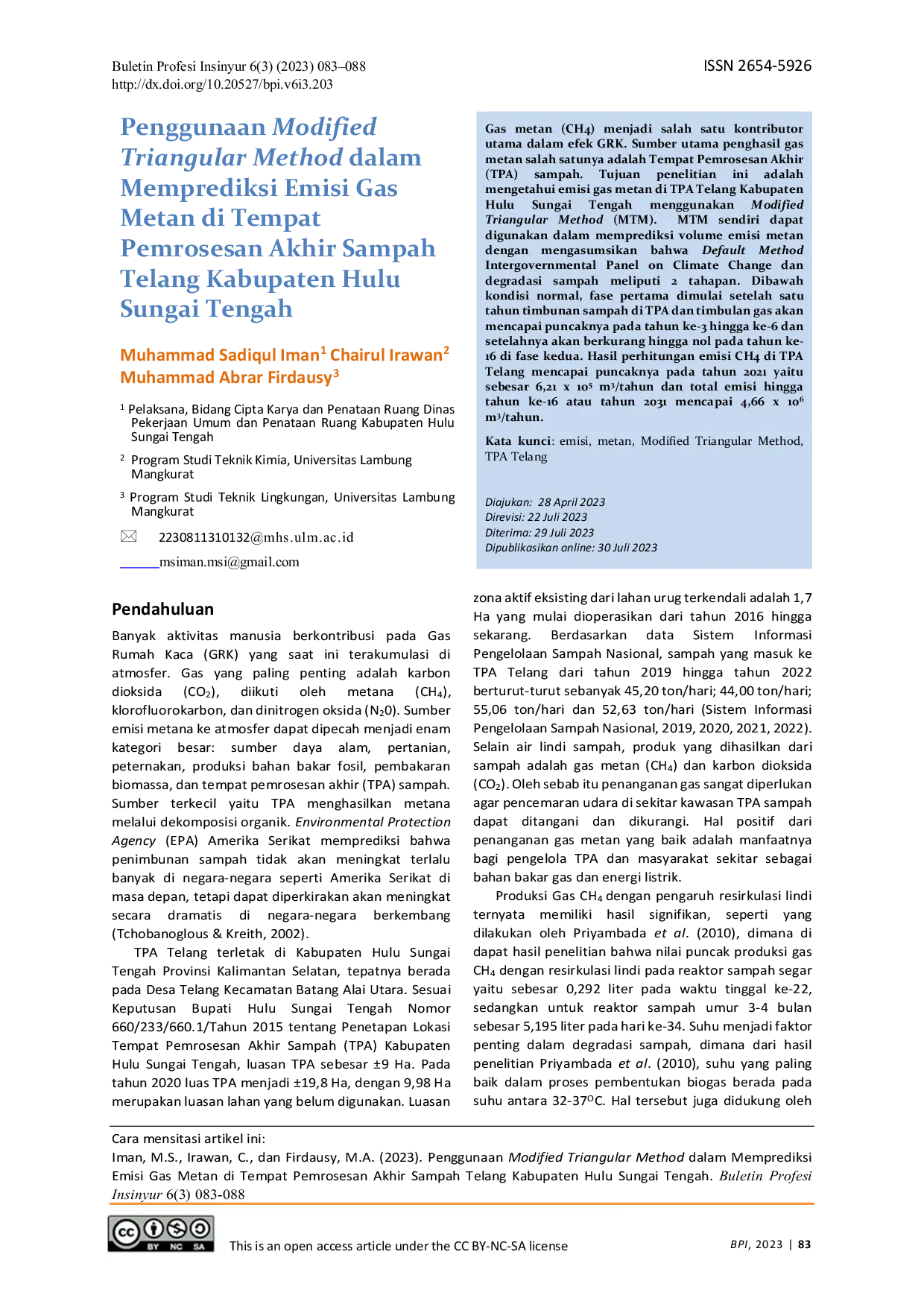 JURIS Penggunaan Modified Triangular Method dalam Memprediksi Emisi Gas Metan di Tempat Pemrosesan Akhir Sampah Telang Kabupaten Hulu Sungai Tengah