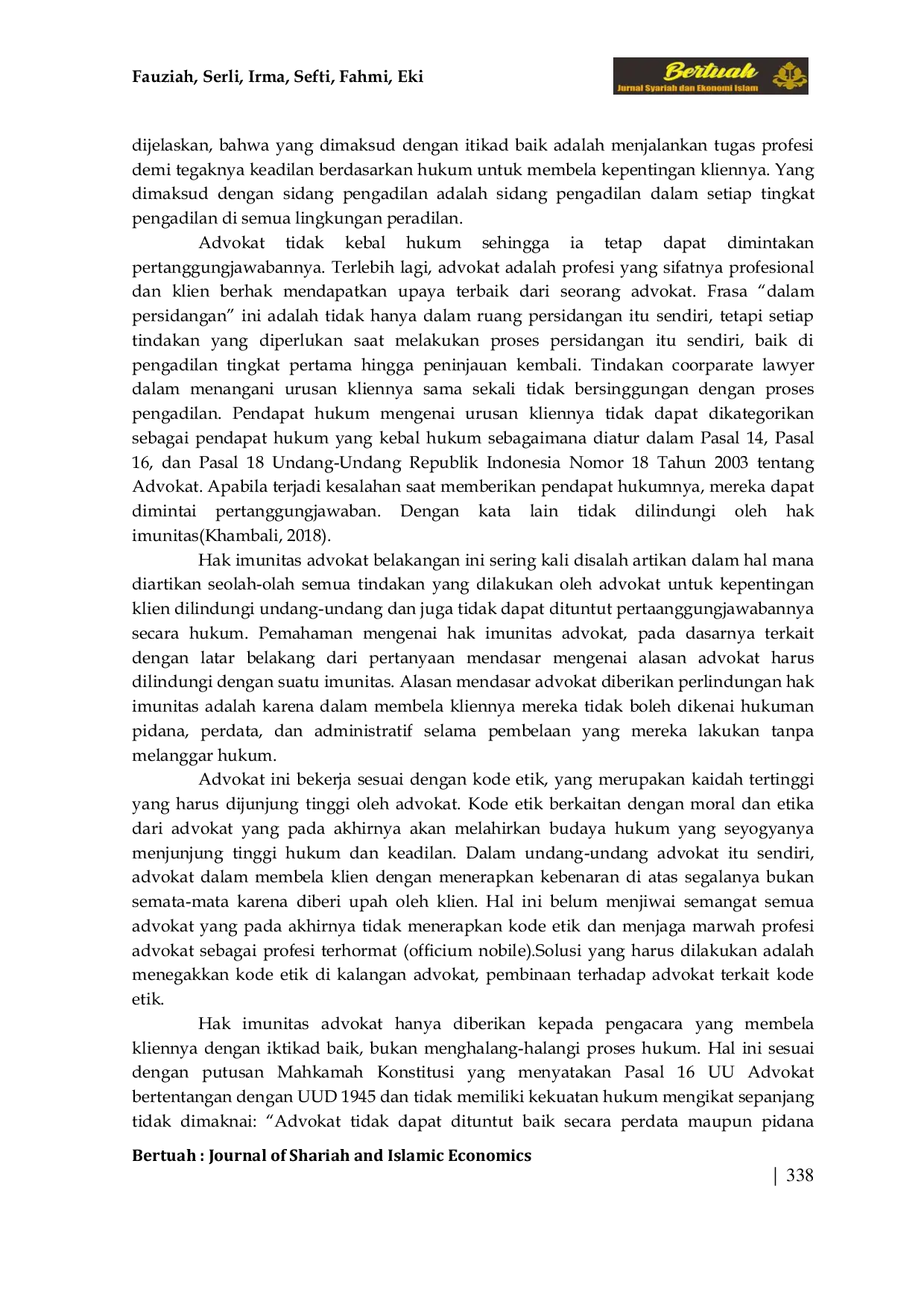 JURIS Hak Imunitas Advokat Berdasarkan Uu Nomor 18 Tahun 2003 Tentang Advokat