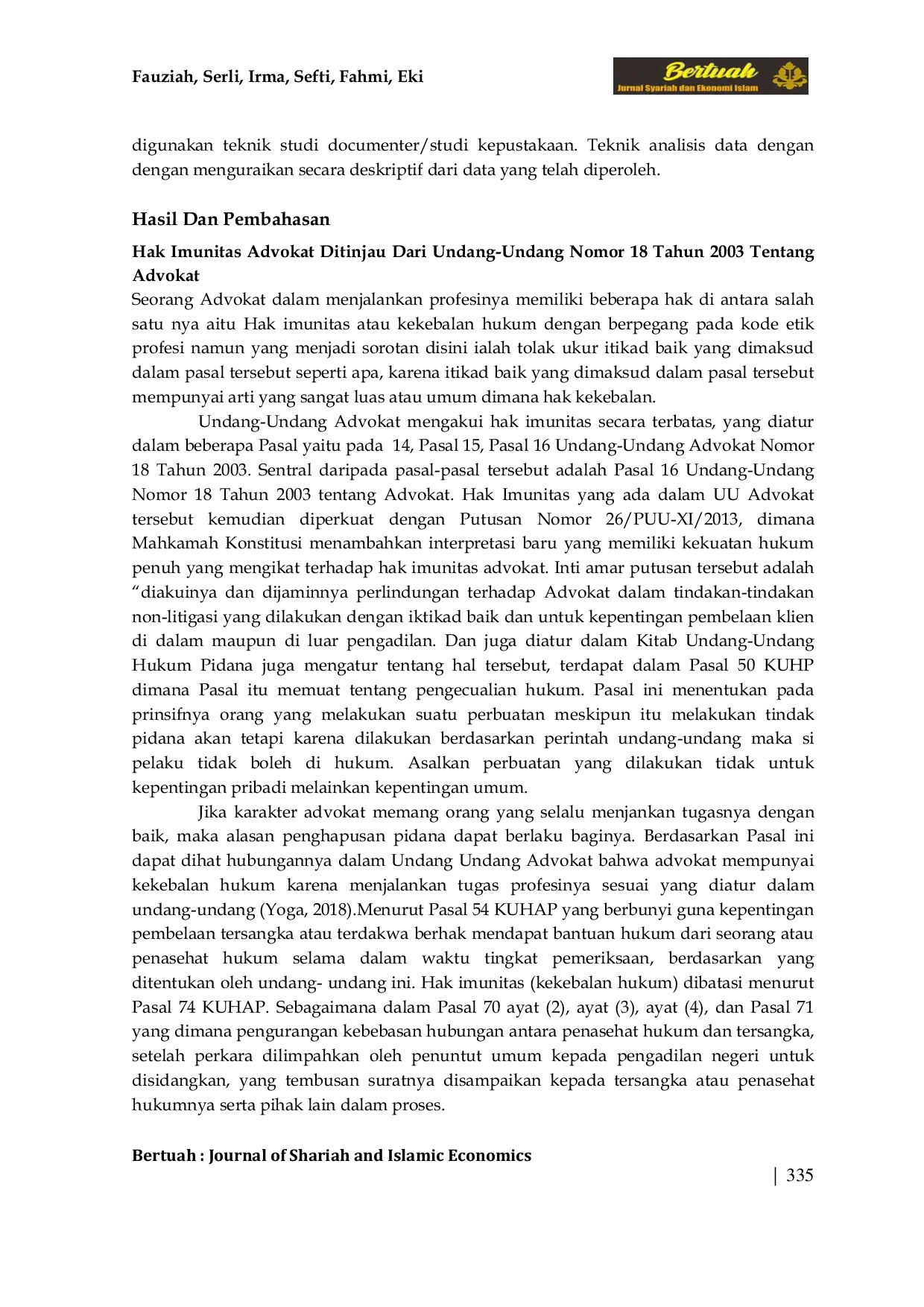 JURIS Hak Imunitas Advokat Berdasarkan Uu Nomor 18 Tahun 2003 Tentang Advokat