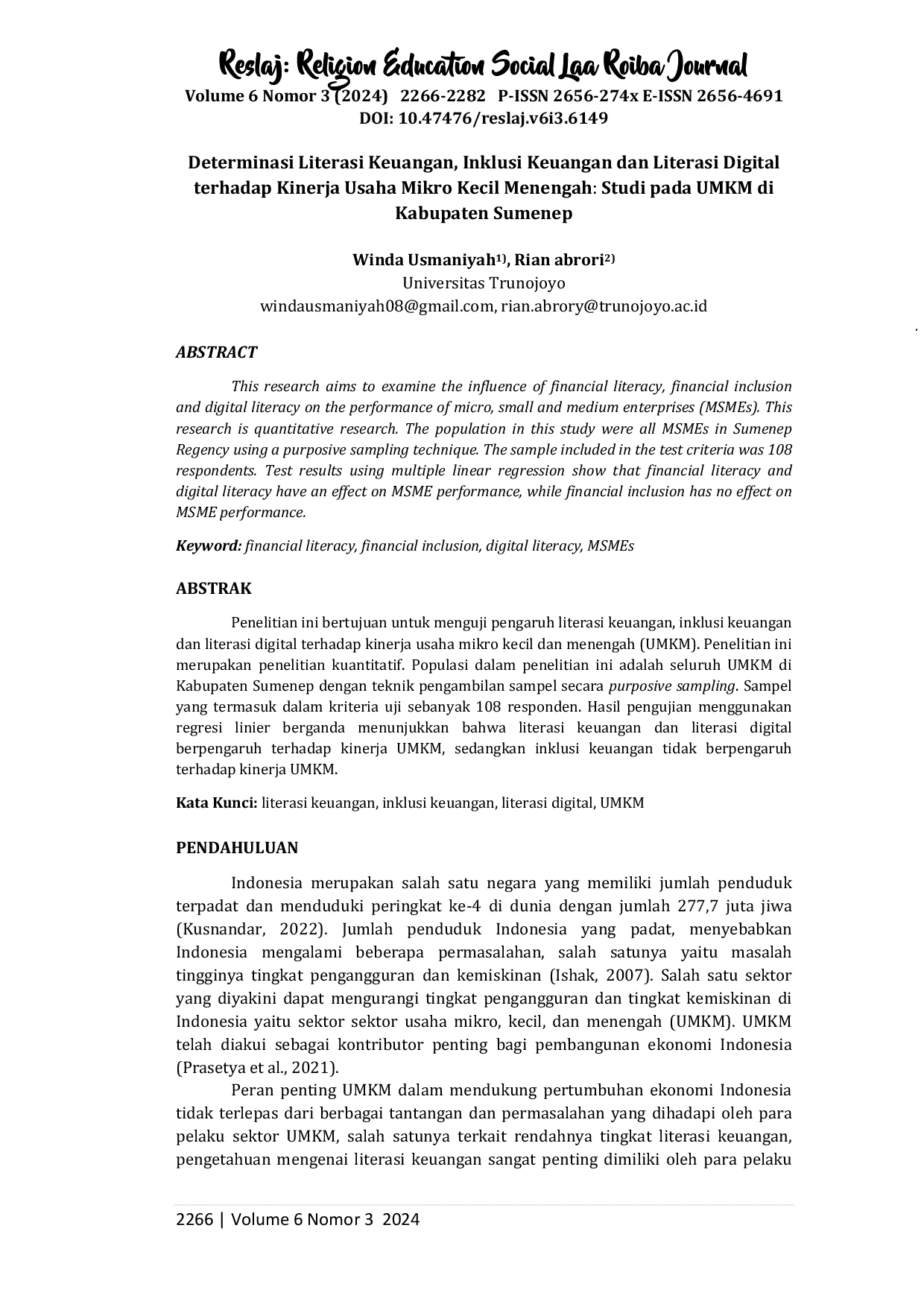 JURIS Determinasi Literasi Keuangan Inklusi Keuangan dan Literasi Digital terhadap Kinerja Usaha Mikro Kecil Menengah Studi pada UMKM di Kabupaten Sumenep